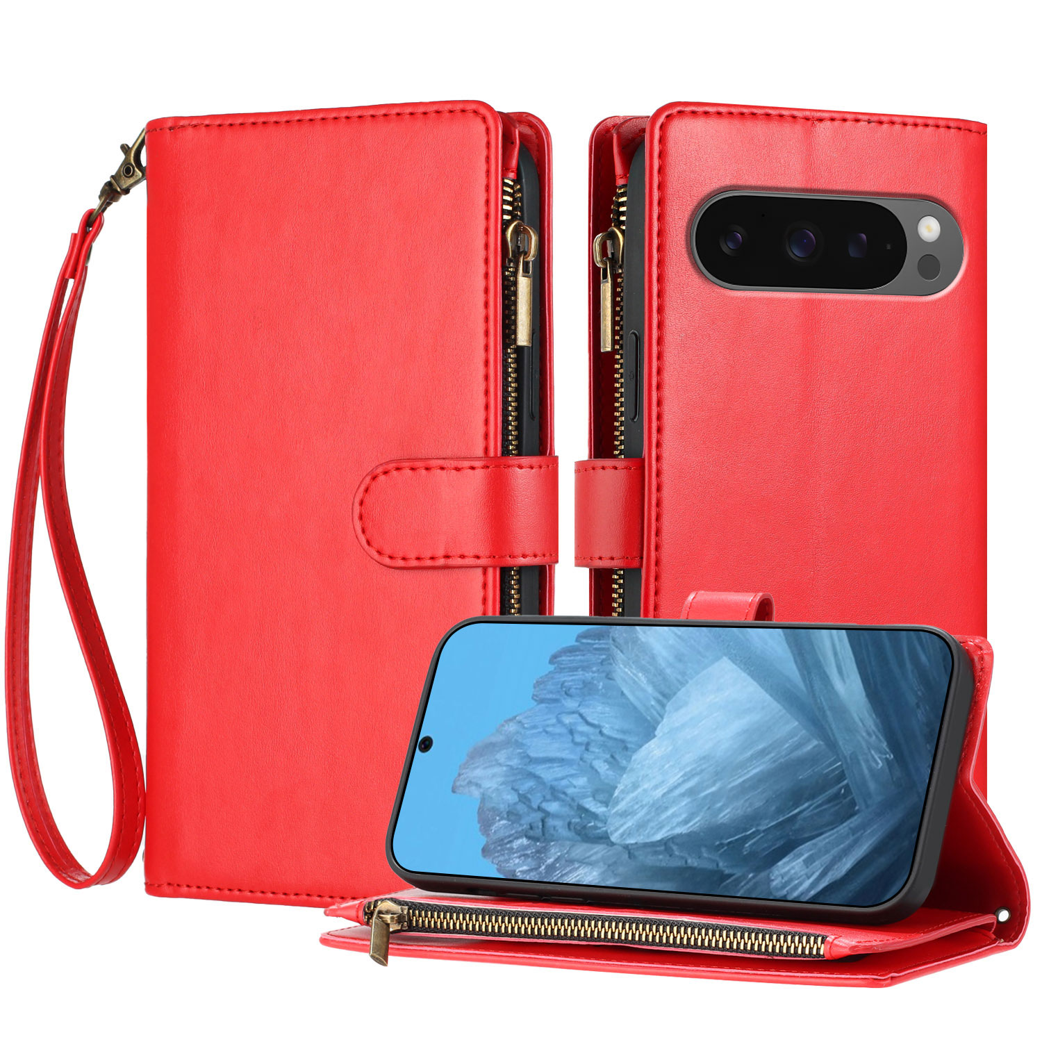 For Google Pixel 9 Pro XL / Google Pixel 10 Pro XL Leather Case Zipper Wallet Stand Shockproof Phone Cover with Wrist Strap - Red