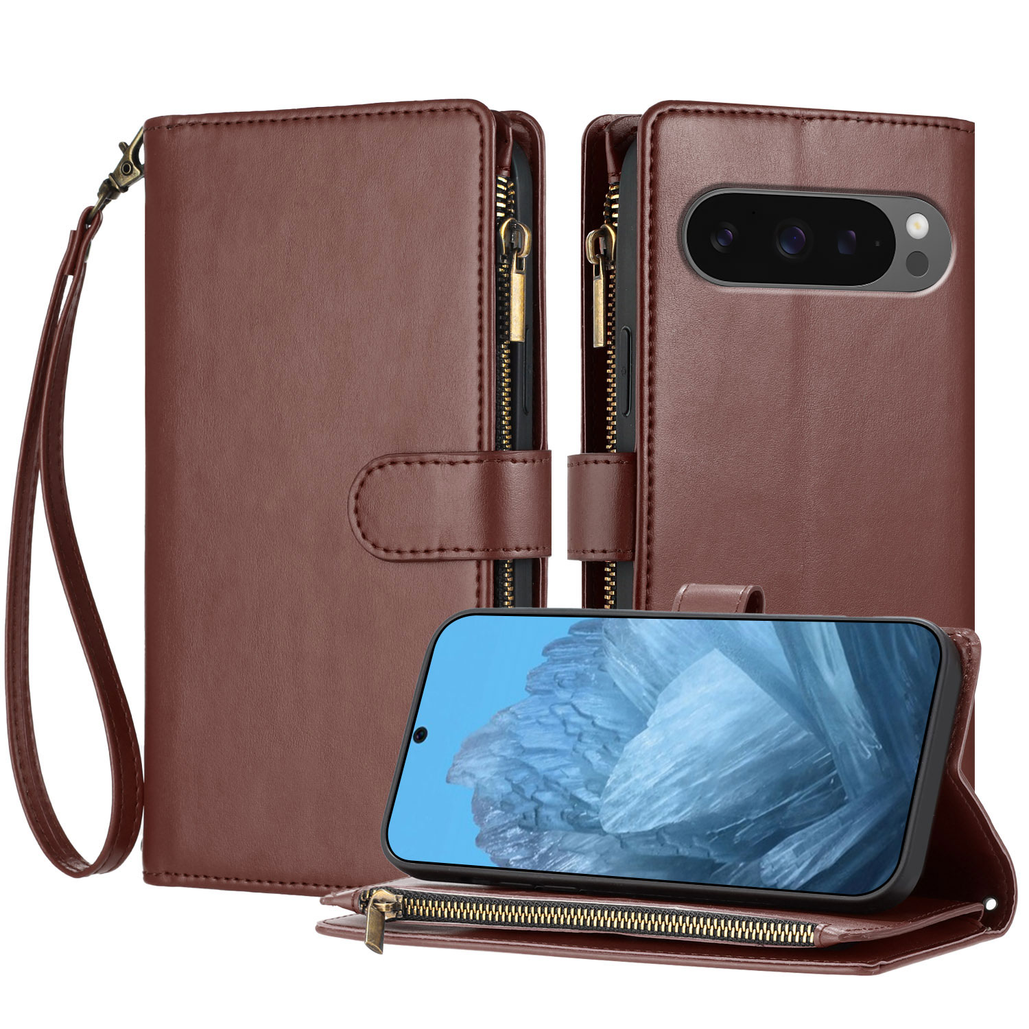 For Google Pixel 9 Pro XL / Google Pixel 10 Pro XL Leather Case Zipper Wallet Stand Shockproof Phone Cover with Wrist Strap - Brown
