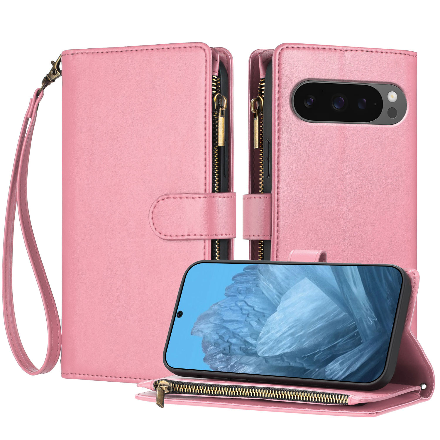 For Google Pixel 9 Pro XL / Google Pixel 10 Pro XL Leather Case Zipper Wallet Stand Shockproof Phone Cover with Wrist Strap - Pink