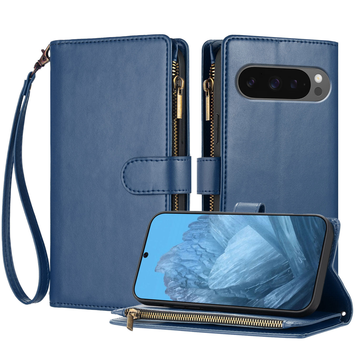 For Google Pixel 9 Pro XL / Google Pixel 10 Pro XL Leather Case Zipper Wallet Stand Shockproof Phone Cover with Wrist Strap - Blue