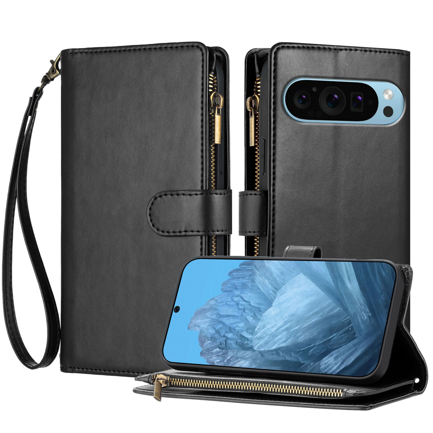 For Google Pixel 10 Pro / Google Pixel 9 / Google Pixel 9 Pro / Google Pixel 10 Leather Case Zipper Wallet Stand Shockproof Phone Cover with Wrist Strap - Black