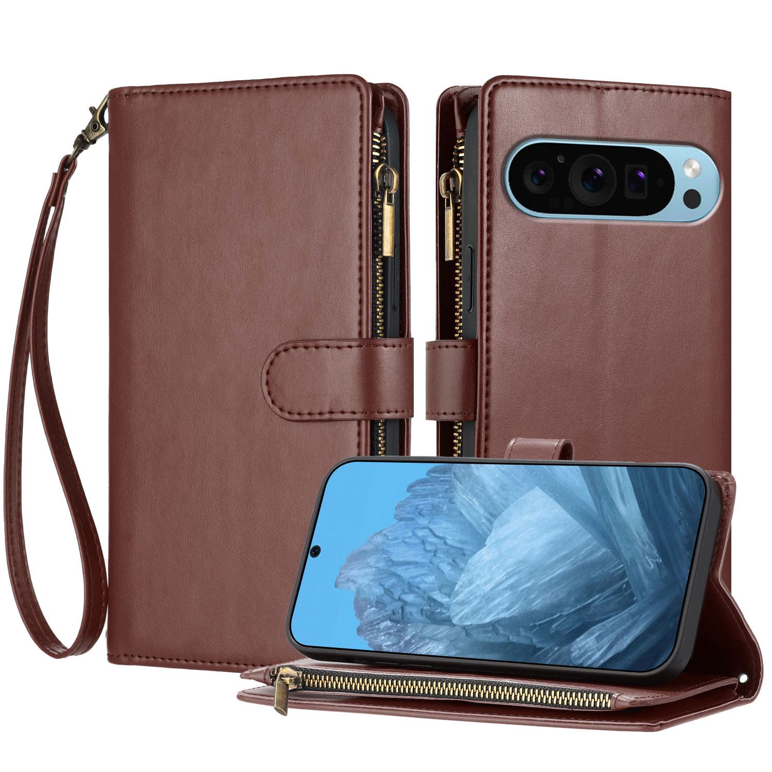 For Google Pixel 10 Pro / Google Pixel 9 / Google Pixel 9 Pro / Google Pixel 10 Leather Case Zipper Wallet Stand Shockproof Phone Cover with Wrist Strap - Brown