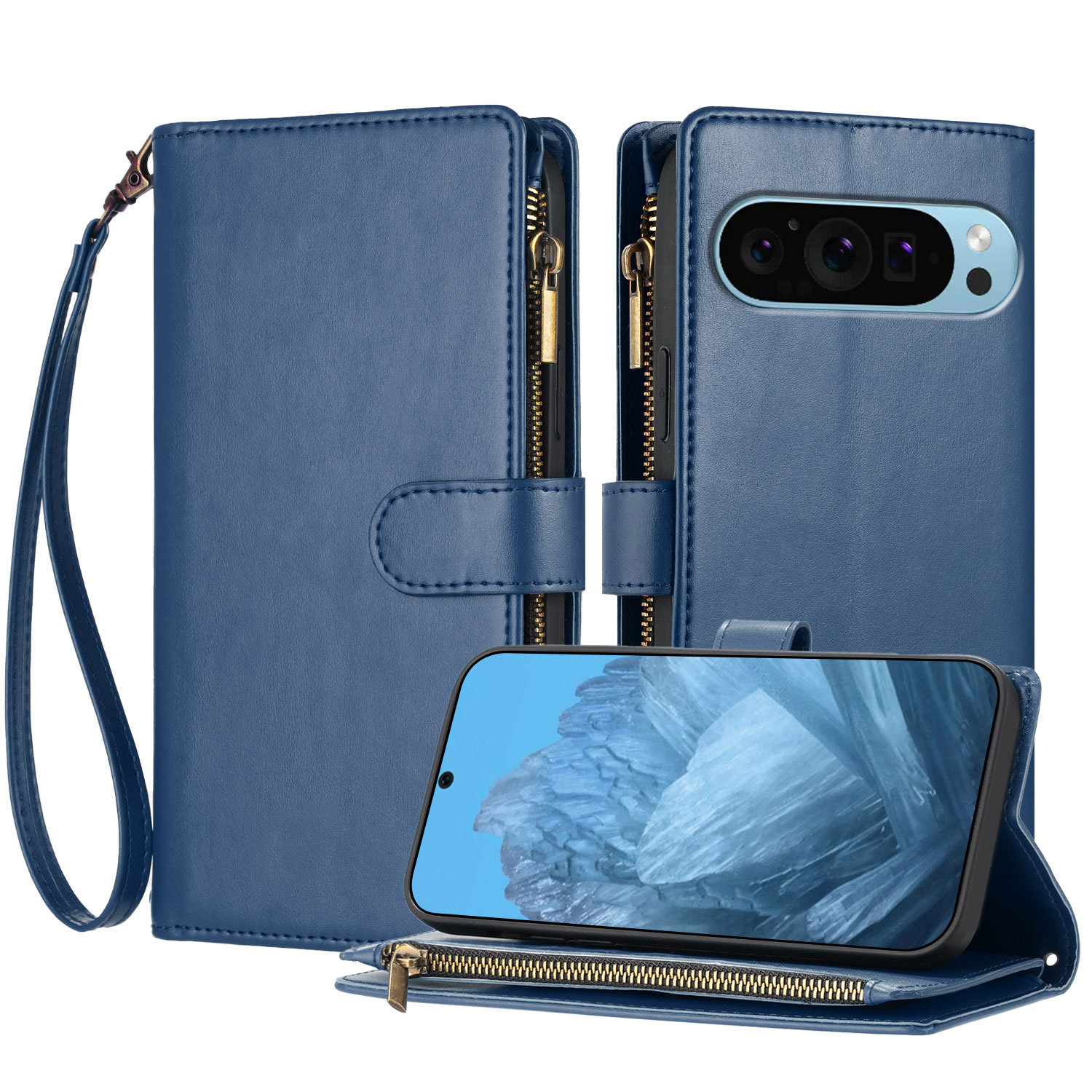 For Google Pixel 10 Pro / Google Pixel 9 / Google Pixel 9 Pro / Google Pixel 10 Leather Case Zipper Wallet Stand Shockproof Phone Cover with Wrist Strap - Blue