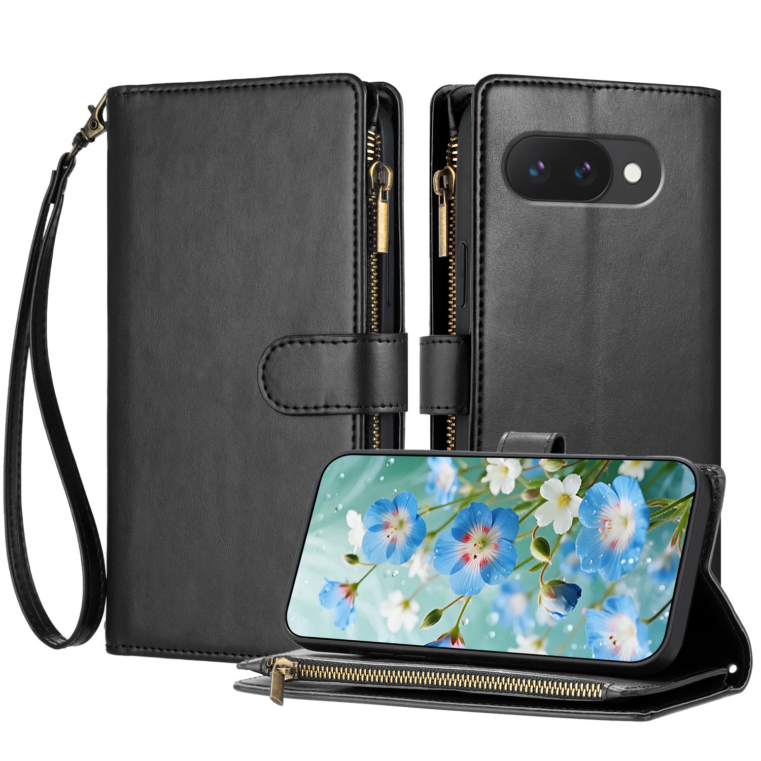 For Google Pixel 10a Leather Case Zipper Wallet Stand Shockproof Phone Cover with Wrist Strap - Black