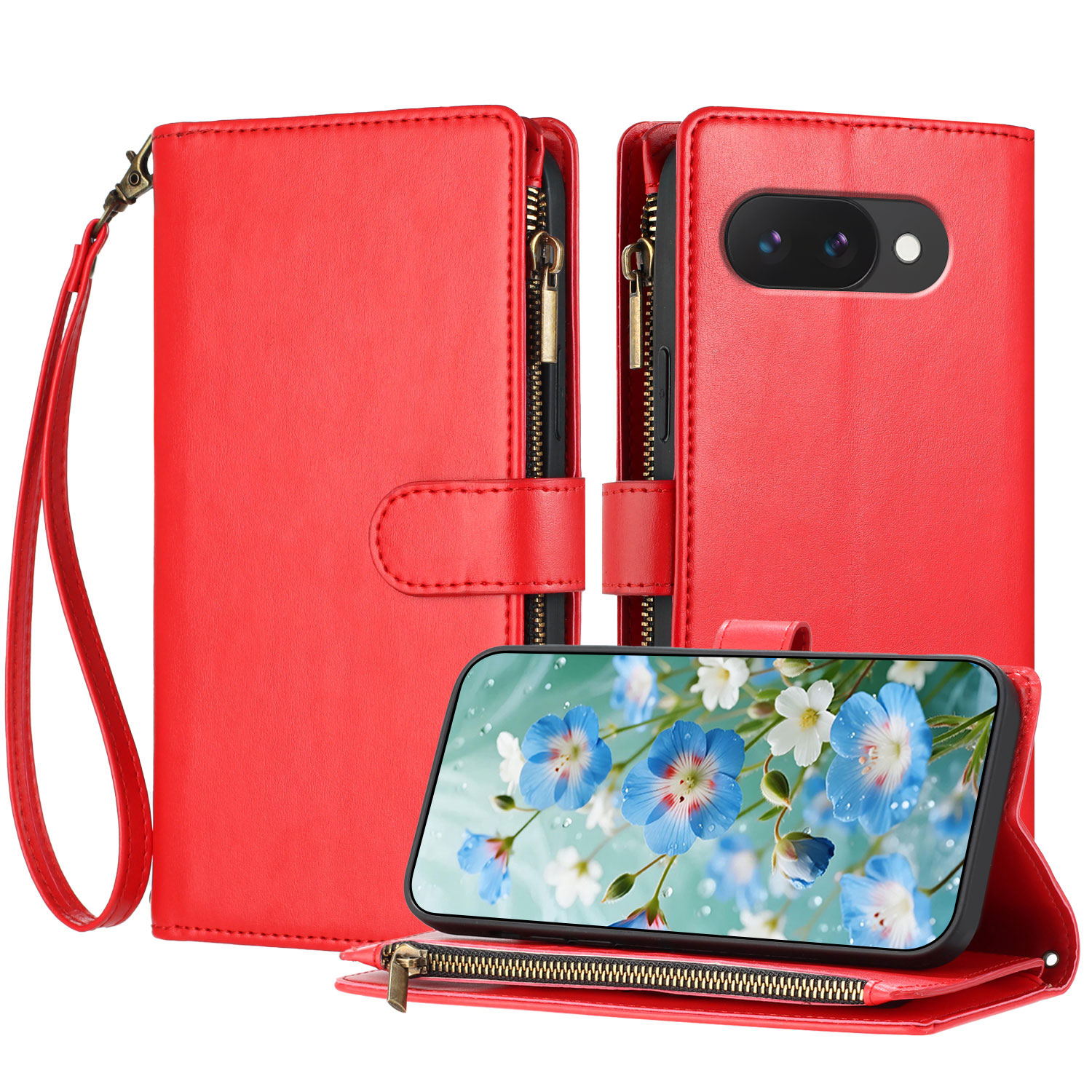 For Google Pixel 10a Leather Case Zipper Wallet Stand Shockproof Phone Cover with Wrist Strap - Red
