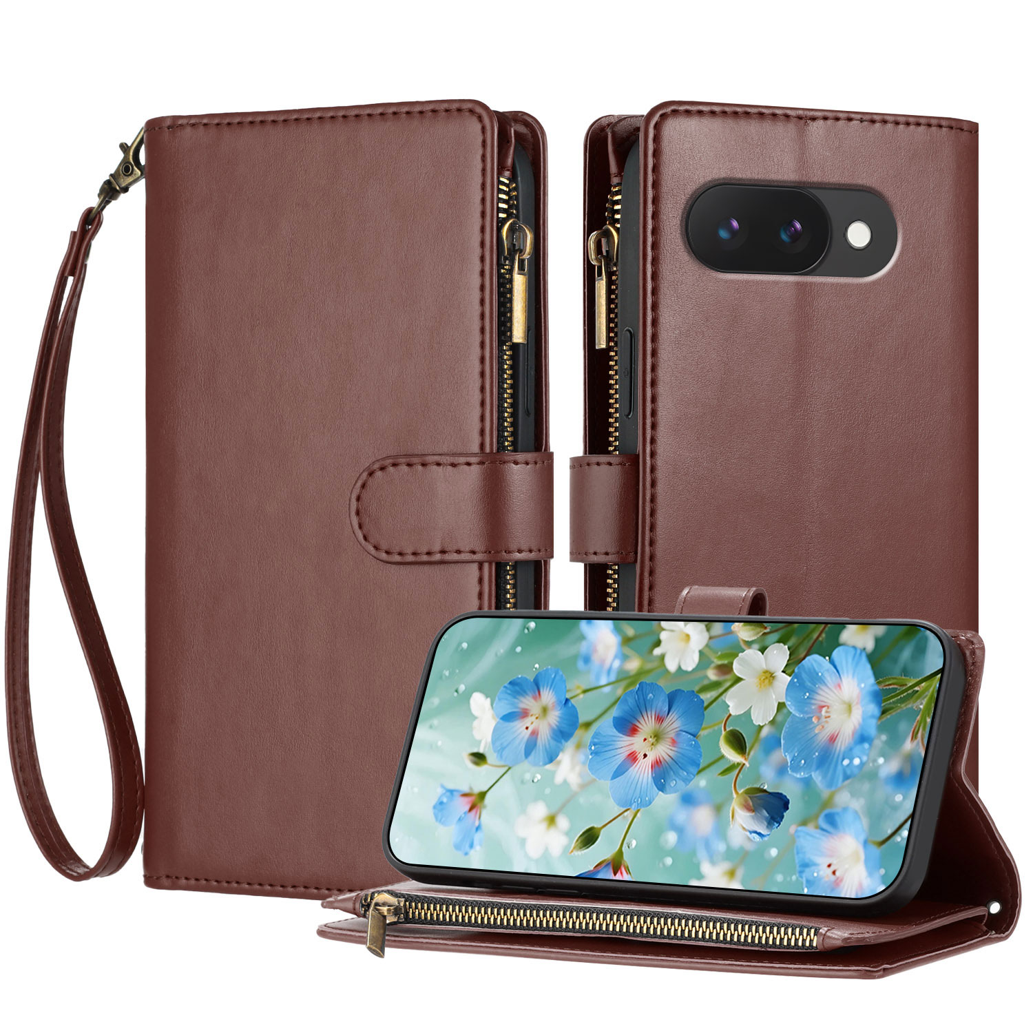 For Google Pixel 10a Leather Case Zipper Wallet Stand Shockproof Phone Cover with Wrist Strap - Brown