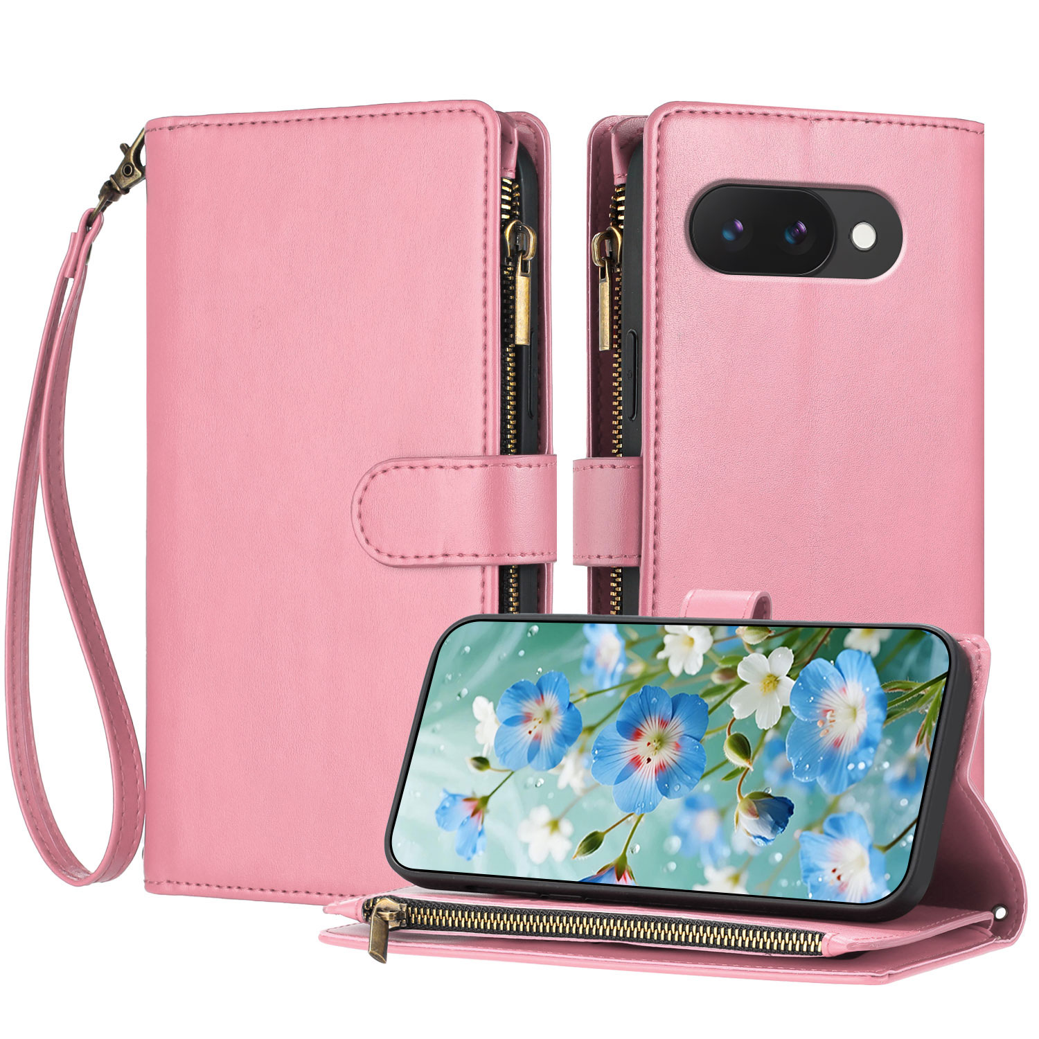 For Google Pixel 10a Leather Case Zipper Wallet Stand Shockproof Phone Cover with Wrist Strap - Pink