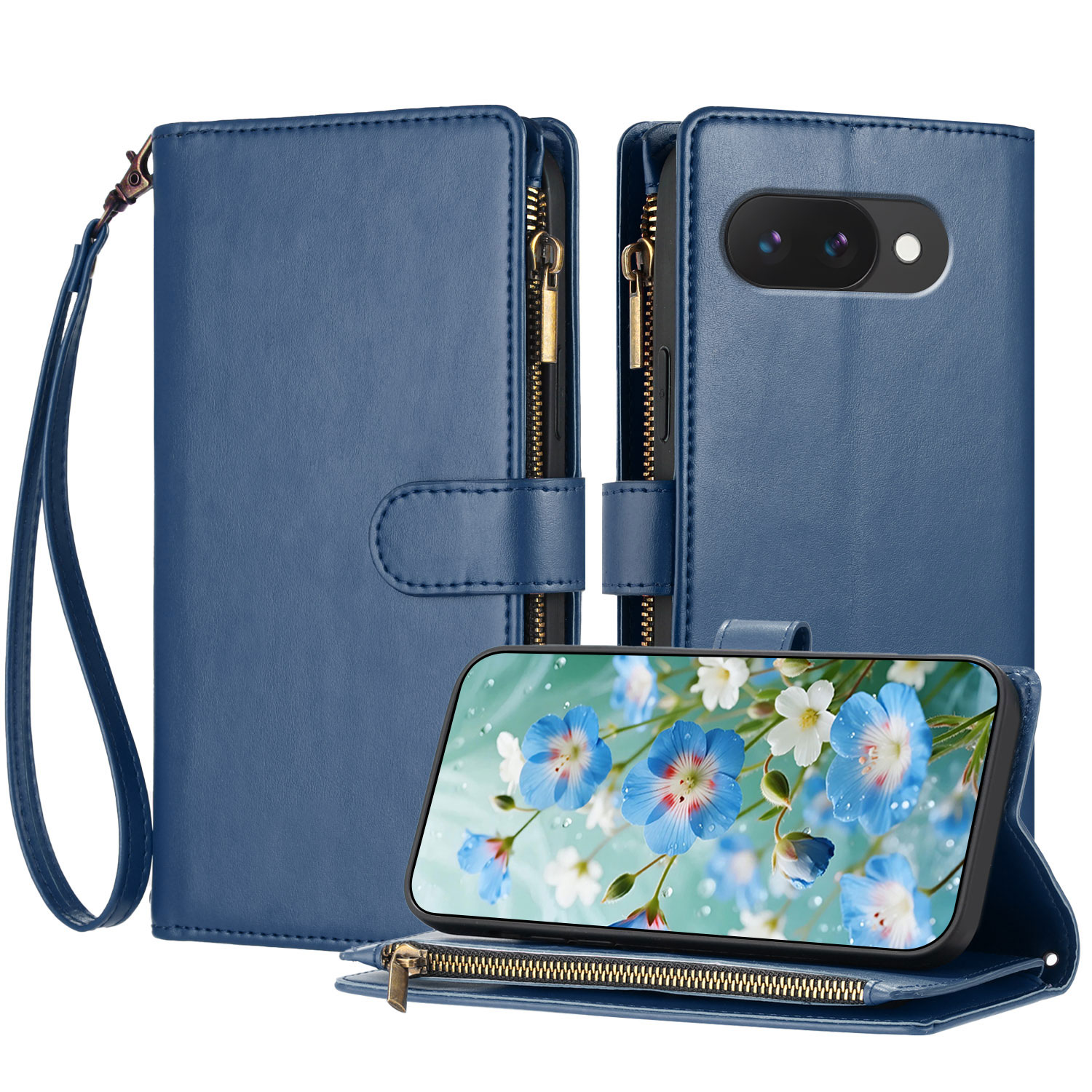 For Google Pixel 10a Leather Case Zipper Wallet Stand Shockproof Phone Cover with Wrist Strap - Blue