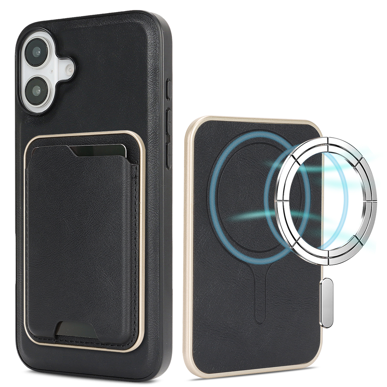 For iPhone 16 Case Compatible with MagSafe Ultra Thin Card Holder PU Leather Coated TPU Cover - Black