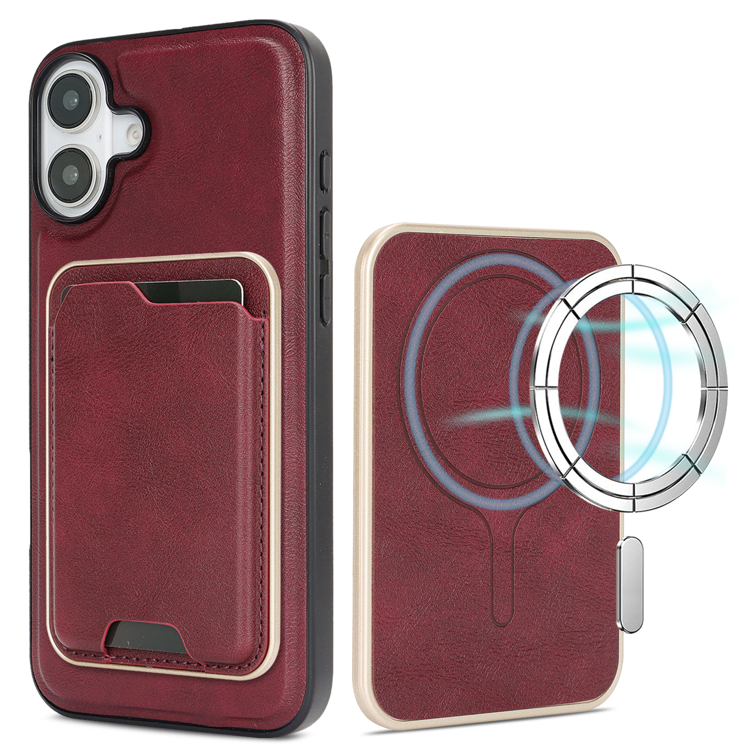 For iPhone 16 Case Compatible with MagSafe Ultra Thin Card Holder PU Leather Coated TPU Cover - Red