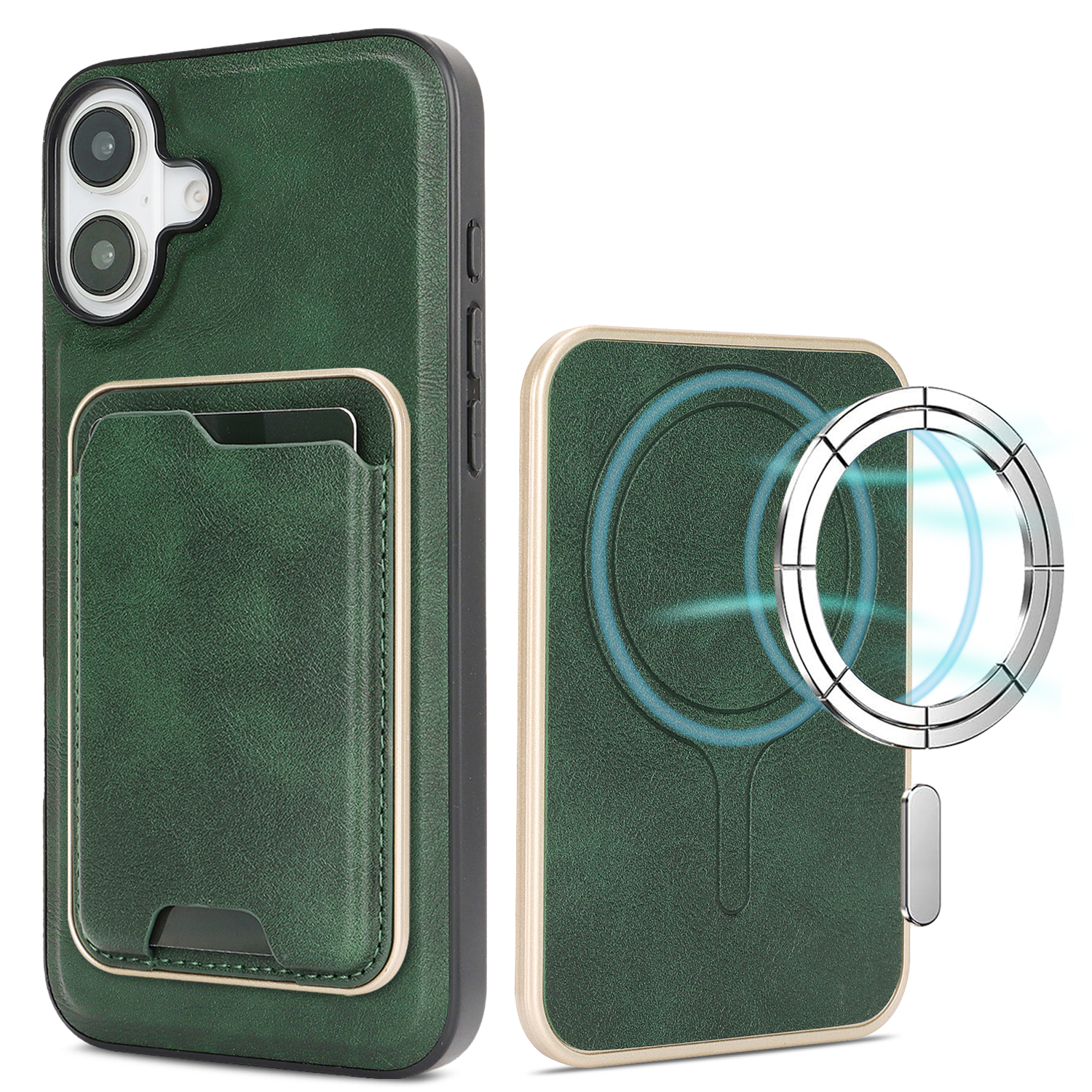 For iPhone 16 Case Compatible with MagSafe Ultra Thin Card Holder PU Leather Coated TPU Cover - Green
