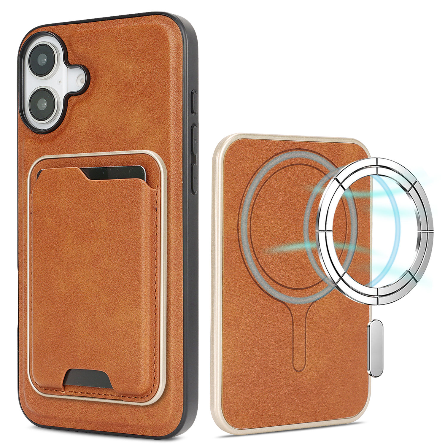 For iPhone 16 Case Compatible with MagSafe Ultra Thin Card Holder PU Leather Coated TPU Cover - Brown