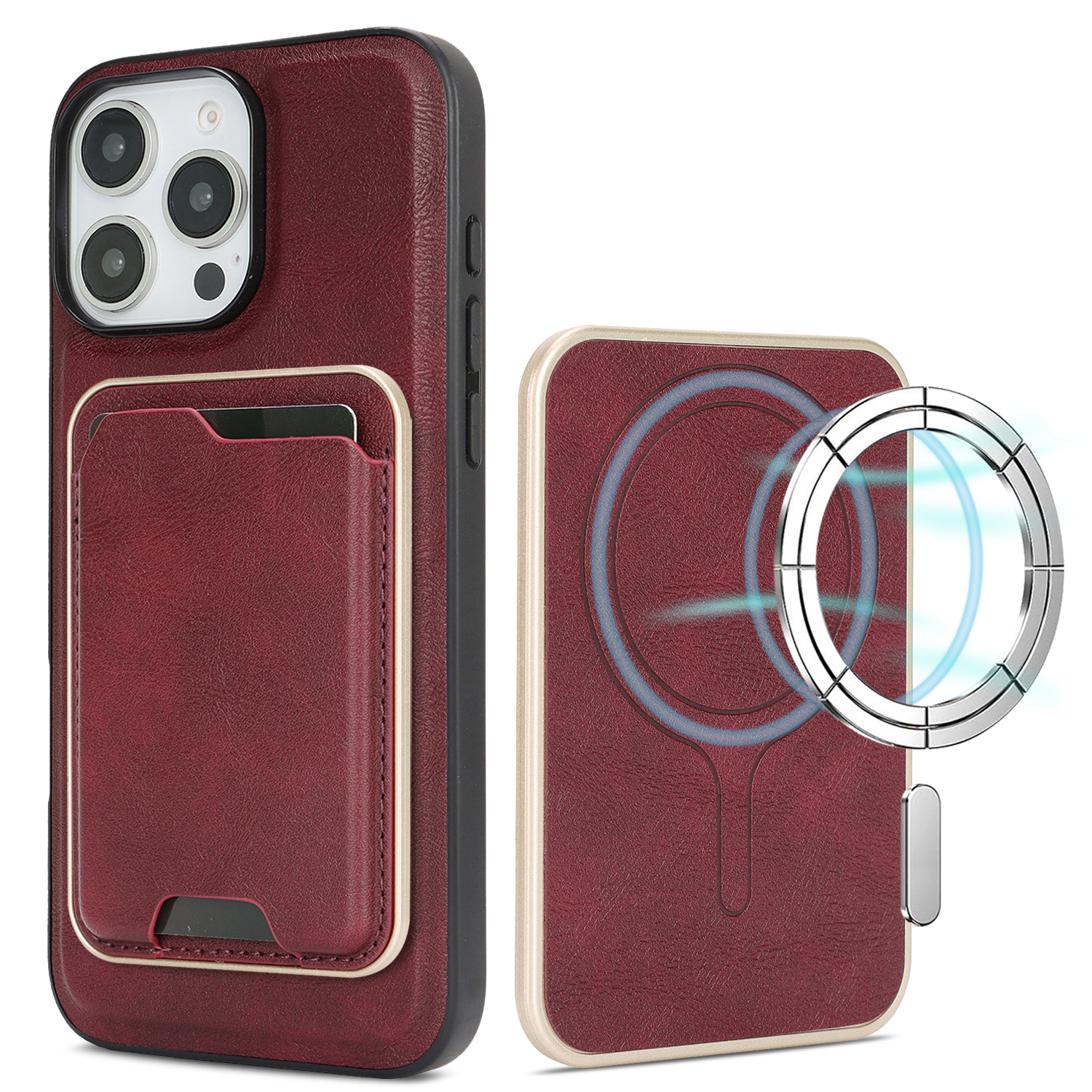For iPhone 13 Pro Case Compatible with MagSafe Ultra Thin Card Holder PU Leather Coated TPU Cover - Red