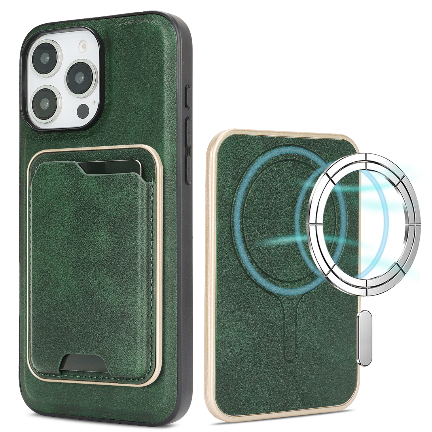 For iPhone 13 Pro Case Compatible with MagSafe Ultra Thin Card Holder PU Leather Coated TPU Cover - Green