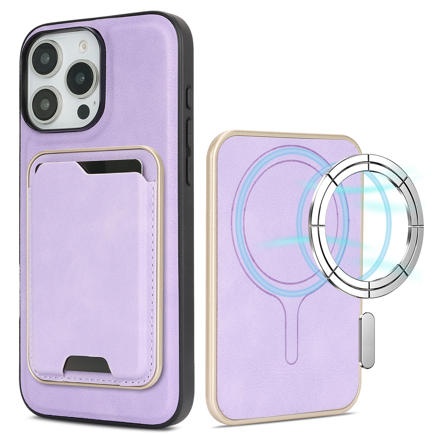 For iPhone 14 Pro Case Compatible with MagSafe Ultra Thin Card Holder PU Leather Coated TPU Cover - Purple