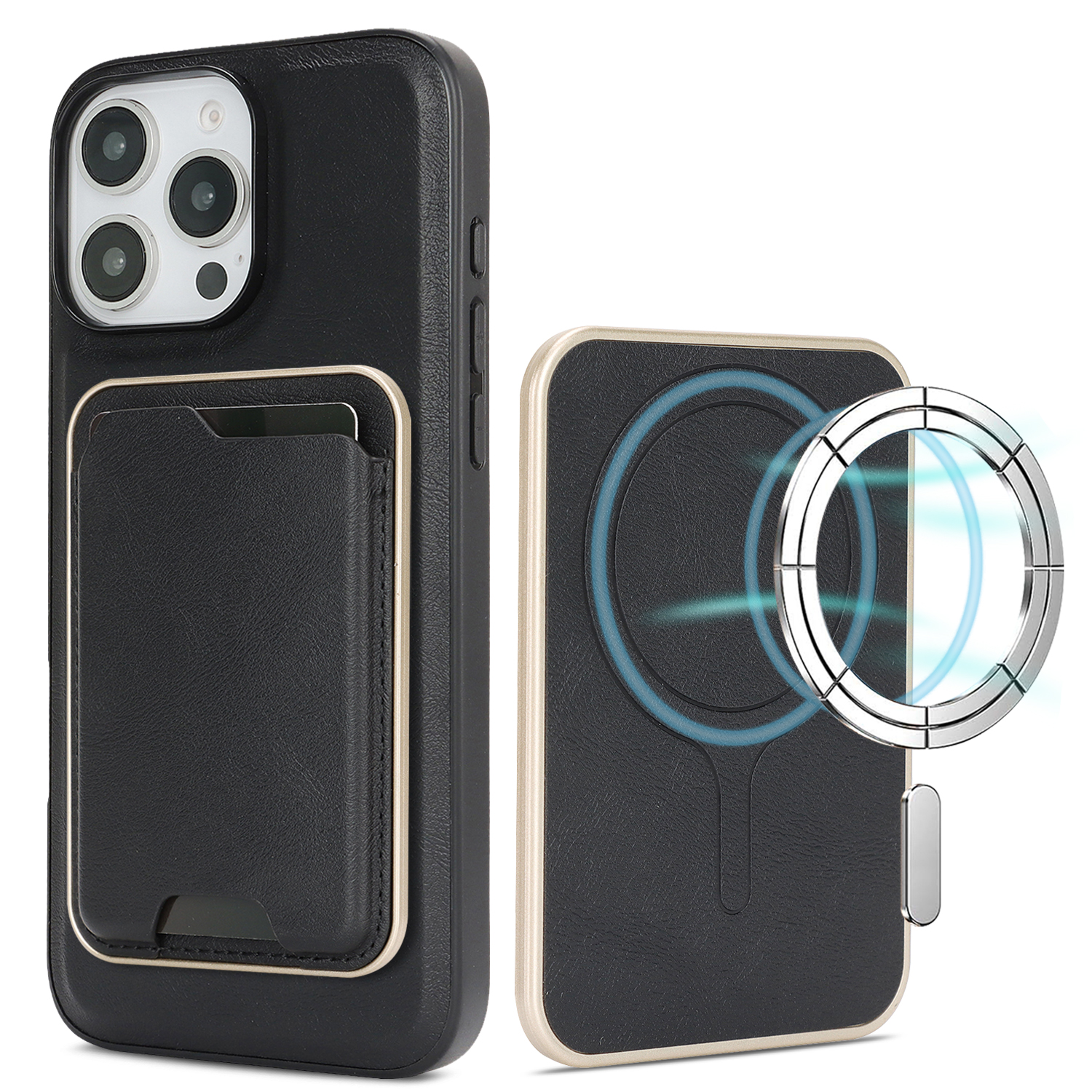 For iPhone 14 Pro Max Case Compatible with MagSafe Ultra Thin Card Holder PU Leather Coated TPU Cover - Black