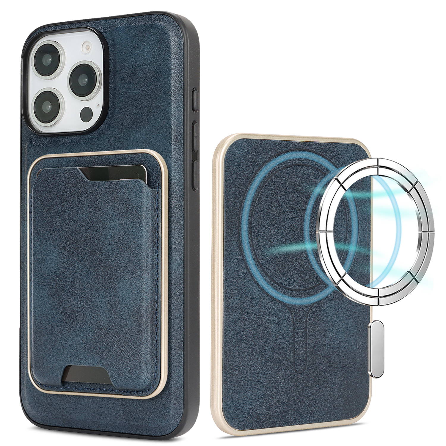 For iPhone 15 Pro Case Compatible with MagSafe Ultra Thin Card Holder PU Leather Coated TPU Cover - Blue