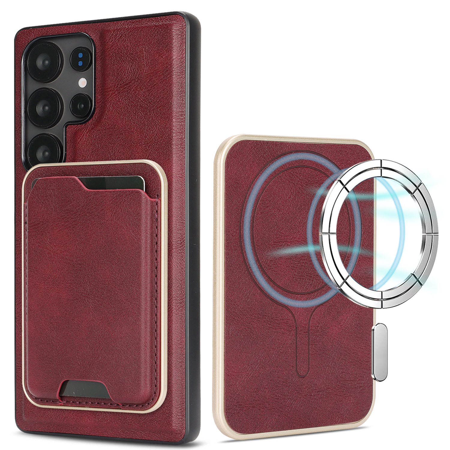 For Samsung Galaxy S22 Ultra 5G Magnetic Case Ultra Thin Card Holder PU Leather Coated TPU Cover - Red