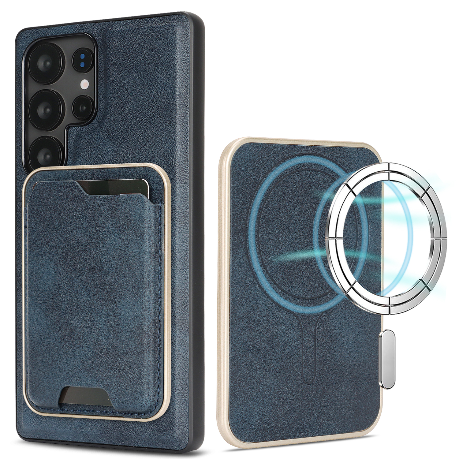 For Samsung Galaxy S22 Ultra 5G Magnetic Case Ultra Thin Card Holder PU Leather Coated TPU Cover - Blue