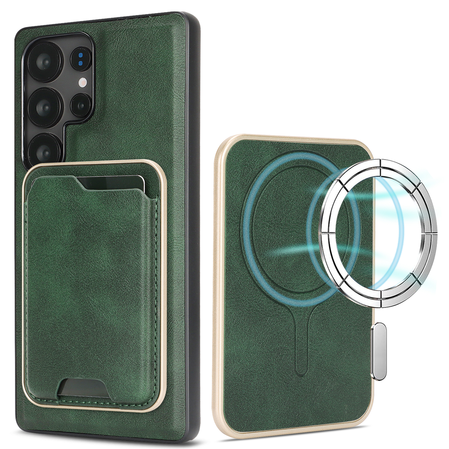 For Samsung Galaxy S22 Ultra 5G Magnetic Case Ultra Thin Card Holder PU Leather Coated TPU Cover - Green