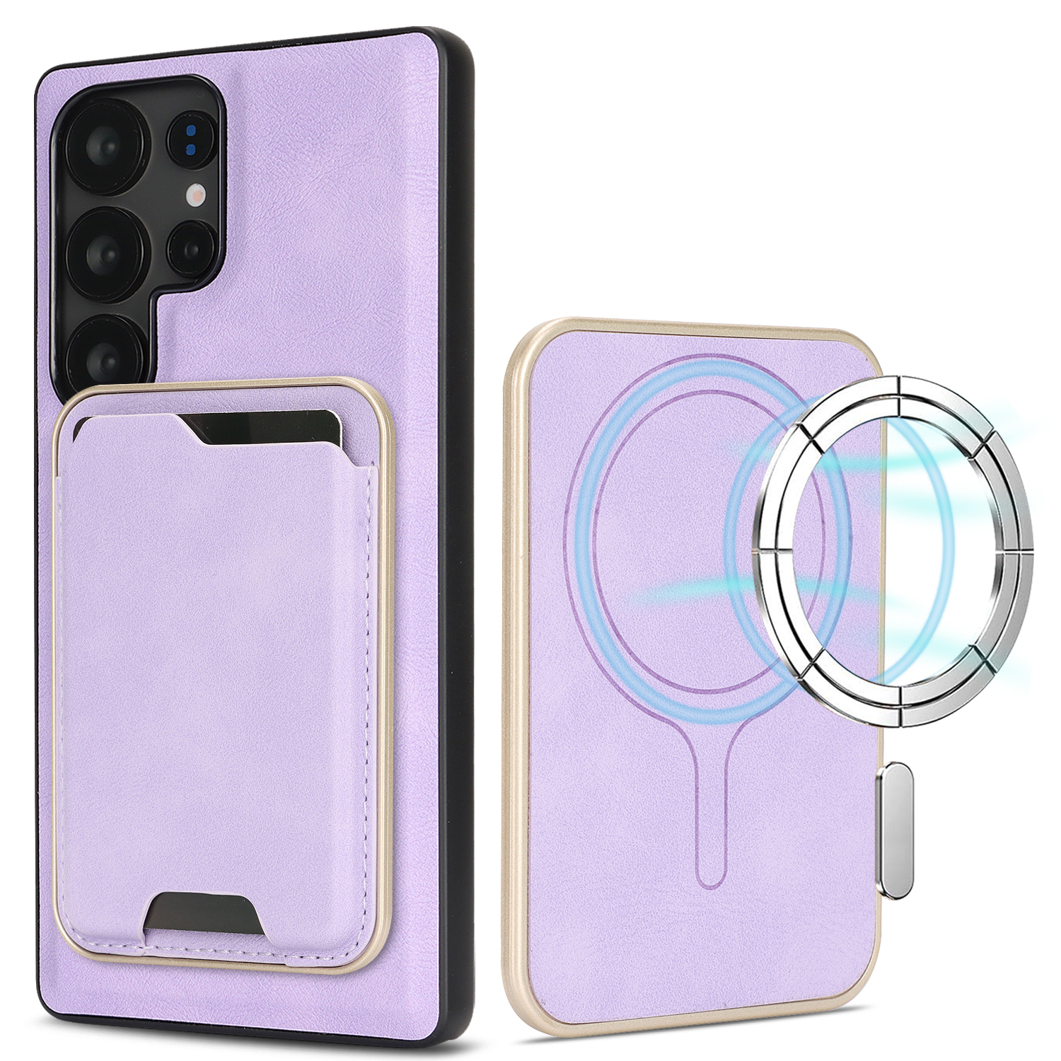 For Samsung Galaxy S22 Ultra 5G Magnetic Case Ultra Thin Card Holder PU Leather Coated TPU Cover - Purple