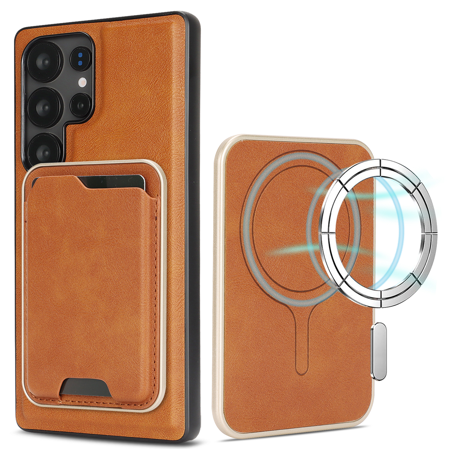 For Samsung Galaxy S22 Ultra 5G Magnetic Case Ultra Thin Card Holder PU Leather Coated TPU Cover - Brown