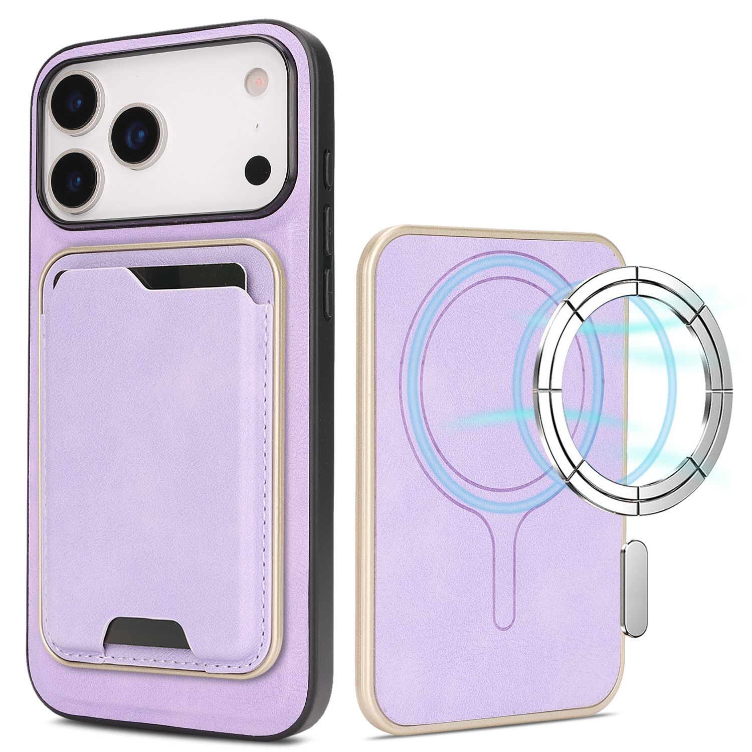 For iPhone 17 Pro Case Compatible with MagSafe Ultra Thin Card Holder PU Leather Coated TPU Cover - Purple