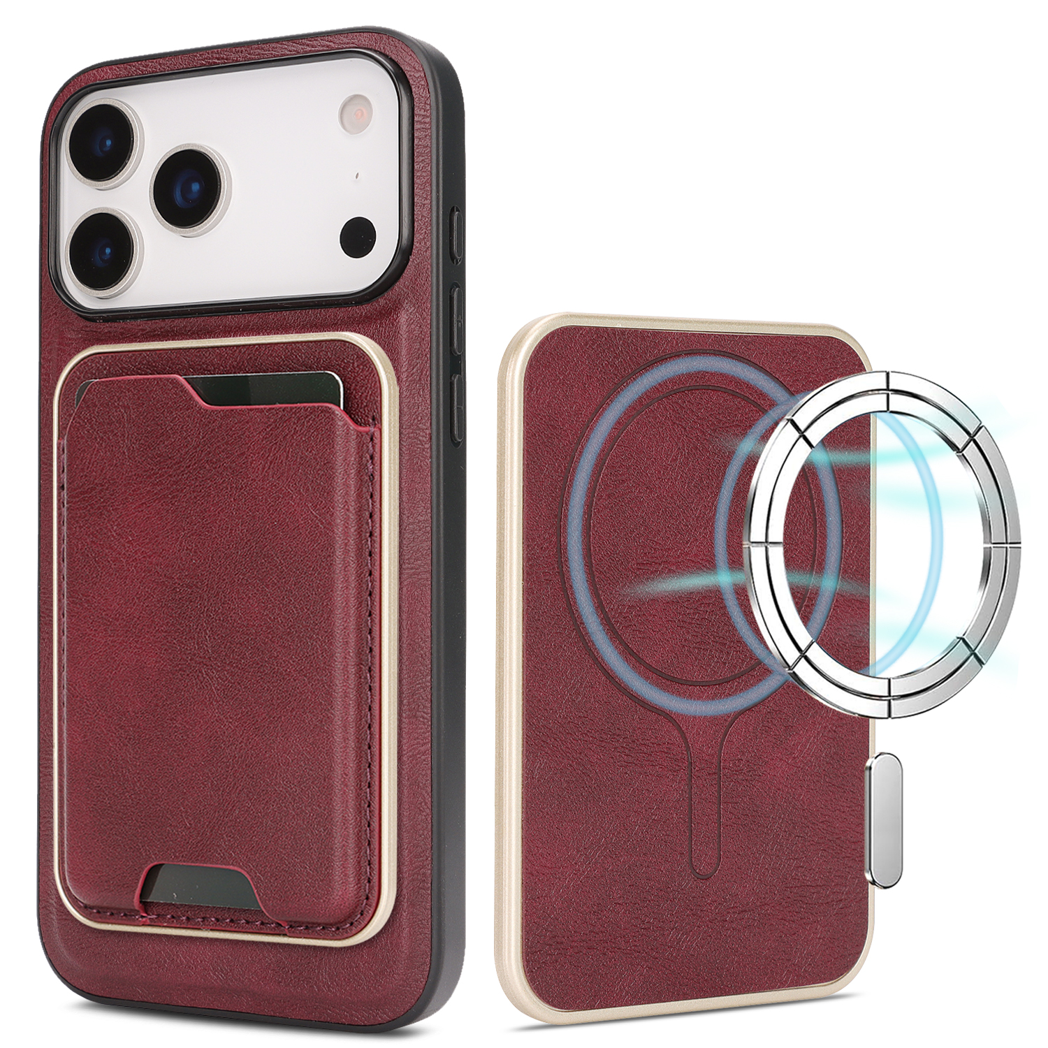 For iPhone 17 Pro Max Case Compatible with MagSafe Ultra Thin Card Holder PU Leather Coated TPU Cover - Red