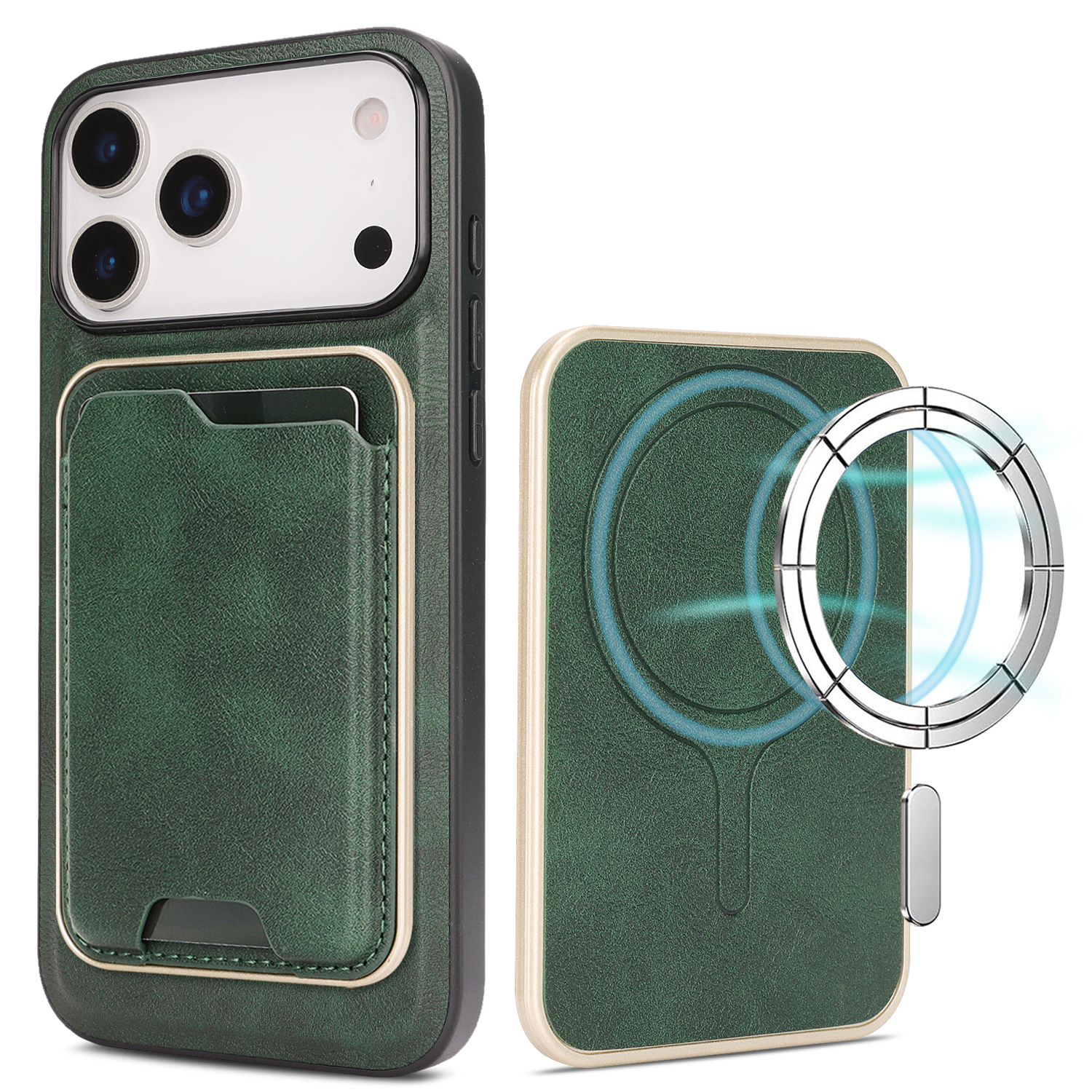 For iPhone 17 Pro Max Case Compatible with MagSafe Ultra Thin Card Holder PU Leather Coated TPU Cover - Green