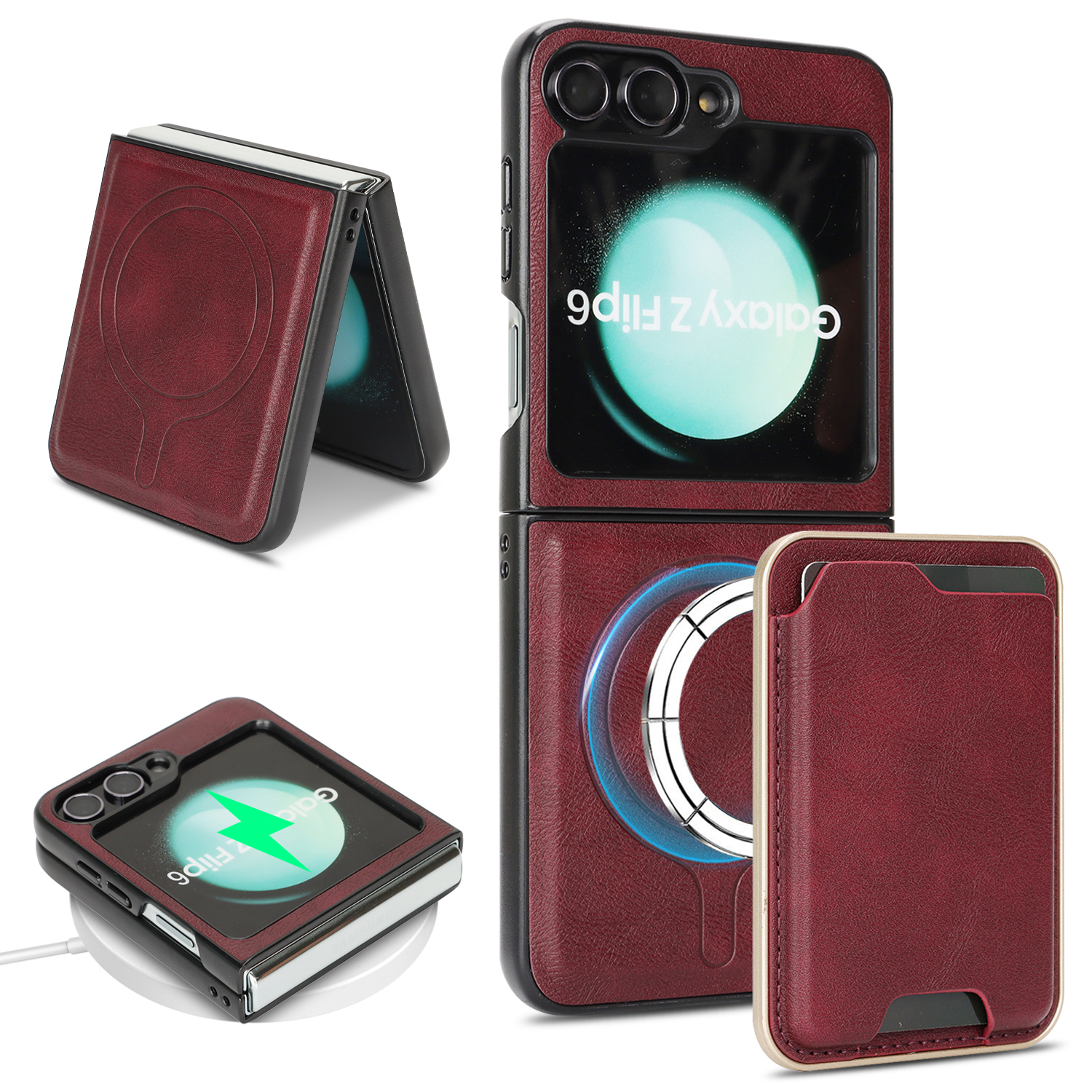 For Samsung Galaxy Z Flip6 5G Magnetic Case Ultra Thin Card Holder PU Leather Coated TPU Cover - Red