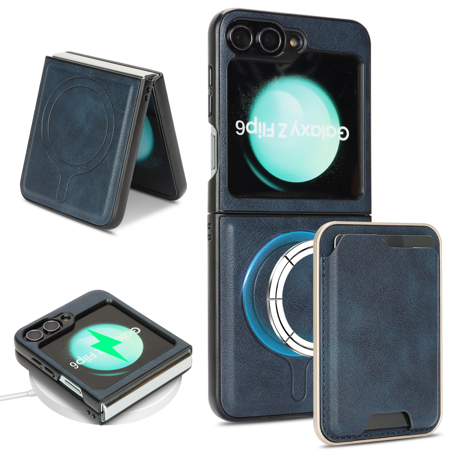 For Samsung Galaxy Z Flip6 5G Magnetic Case Ultra Thin Card Holder PU Leather Coated TPU Cover - Blue