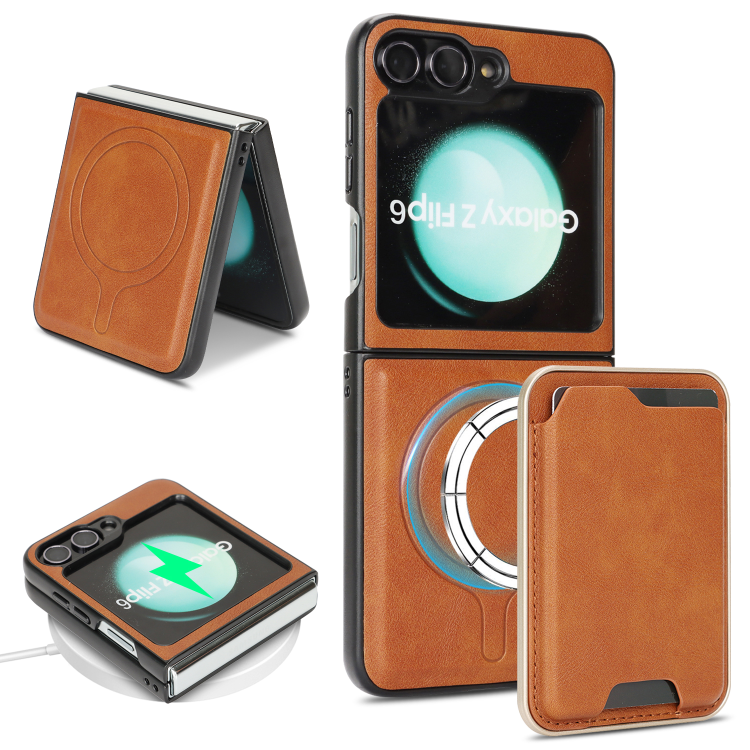 For Samsung Galaxy Z Flip6 5G Magnetic Case Ultra Thin Card Holder PU Leather Coated TPU Cover - Brown