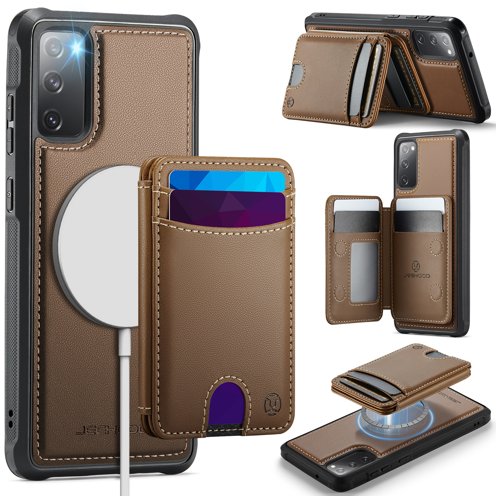 JEEHOOD For Samsung Galaxy S20 FE Case J10 Magnetic Case Leather Back Phone Cover with Detachable Card Holder Kickstand - Brown