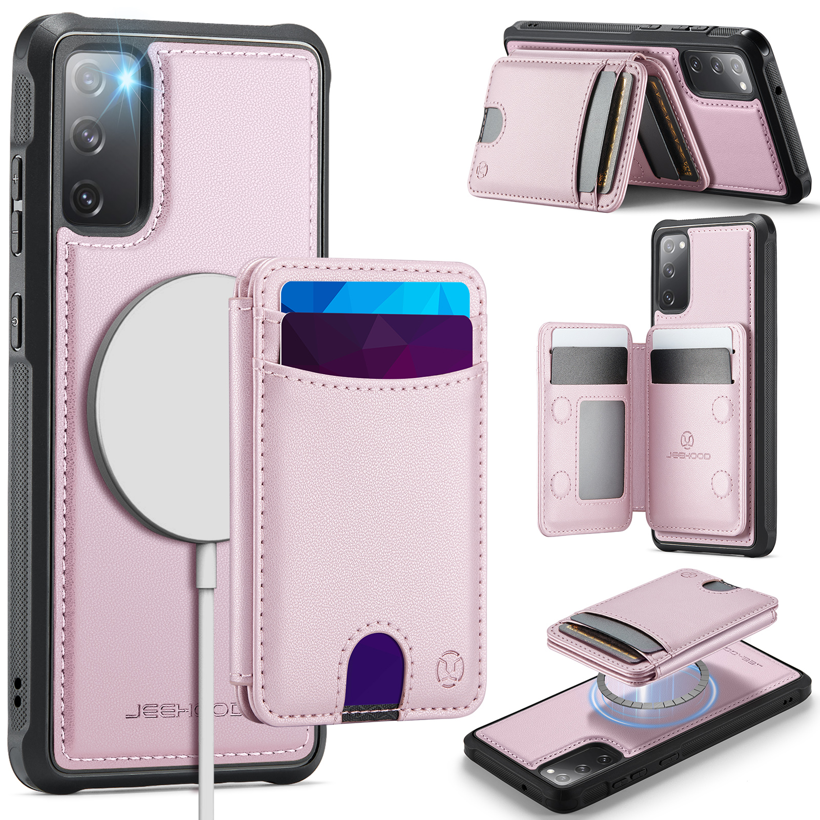 JEEHOOD For Samsung Galaxy S20 FE Case J10 Magnetic Case Leather Back Phone Cover with Detachable Card Holder Kickstand - Pink