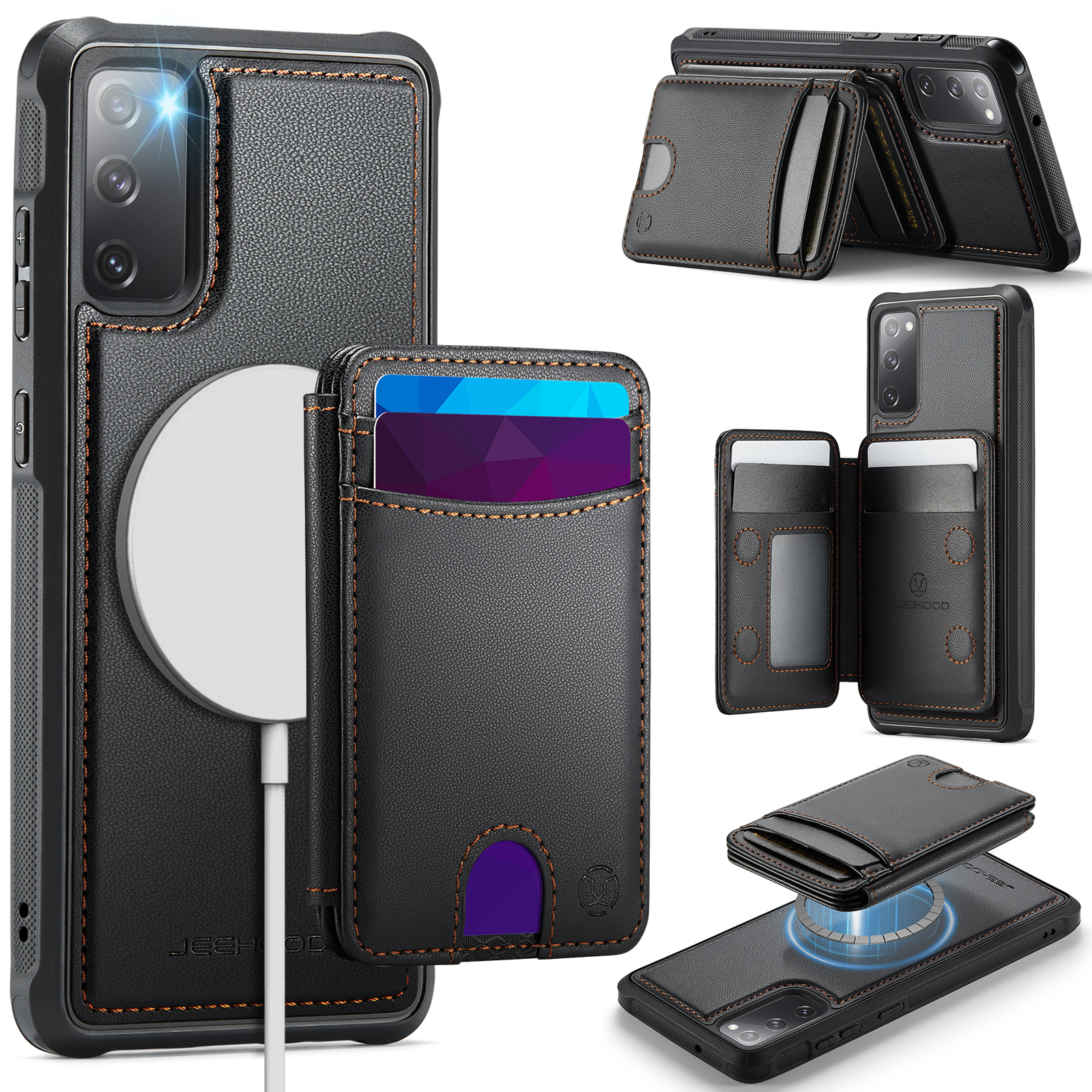 JEEHOOD For Samsung Galaxy S20 FE Case  J10 Magnetic Case Leather Back Phone Cover with Detachable Card Holder Kickstand - Black