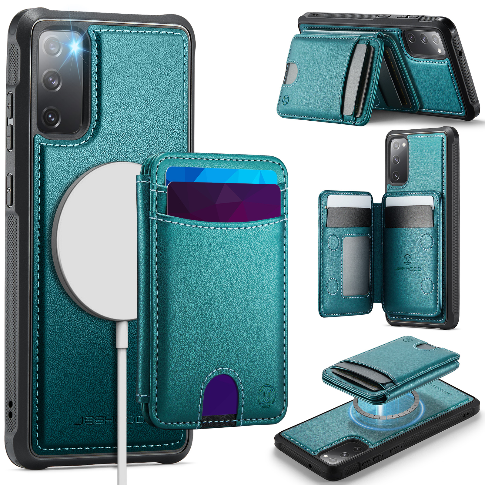 JEEHOOD For Samsung Galaxy S20 FE Case J10 Magnetic Case Leather Back Phone Cover with Detachable Card Holder Kickstand - Blue