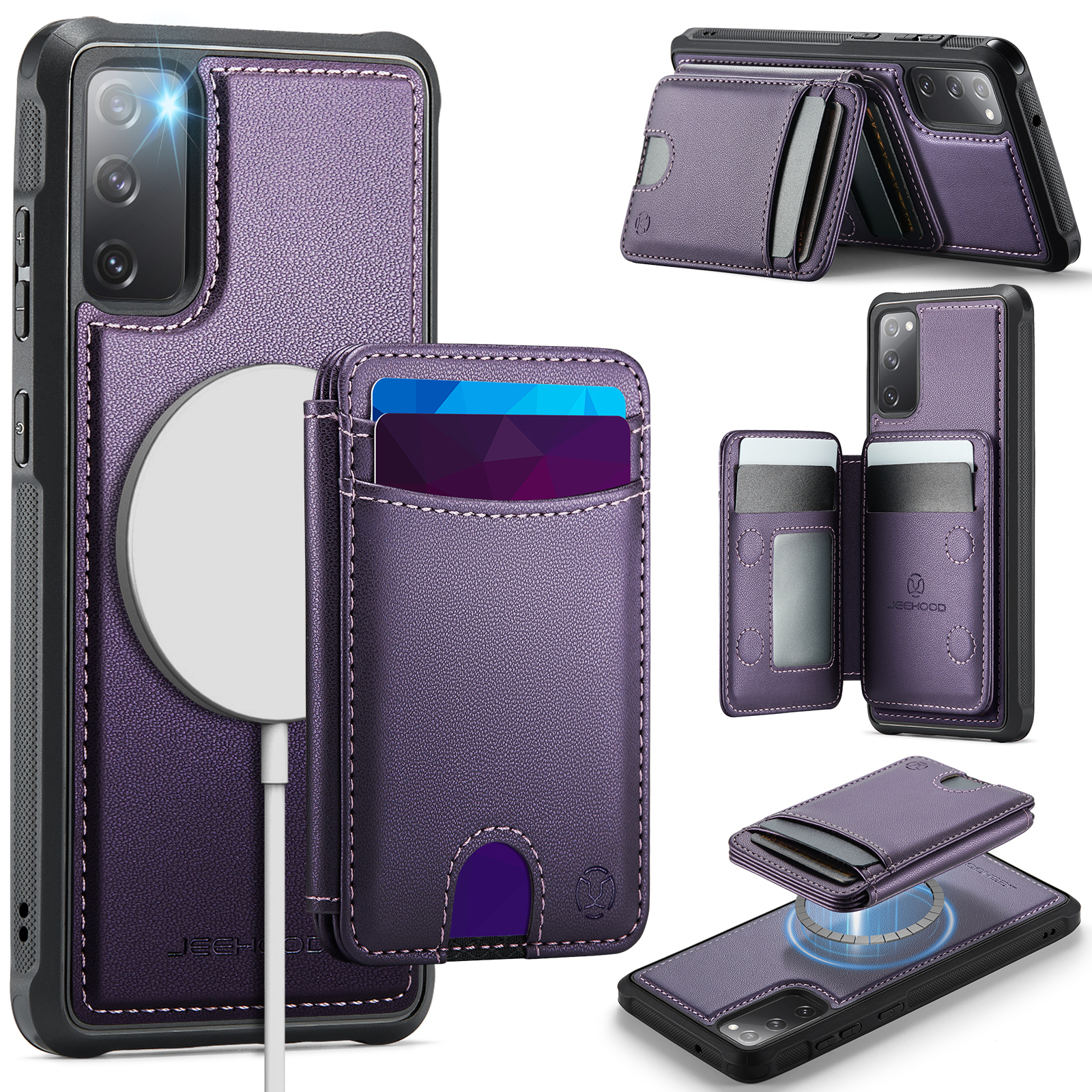 JEEHOOD For Samsung Galaxy S20 FE Case J10 Magnetic Case Leather Back Phone Cover with Detachable Card Holder Kickstand - Purple