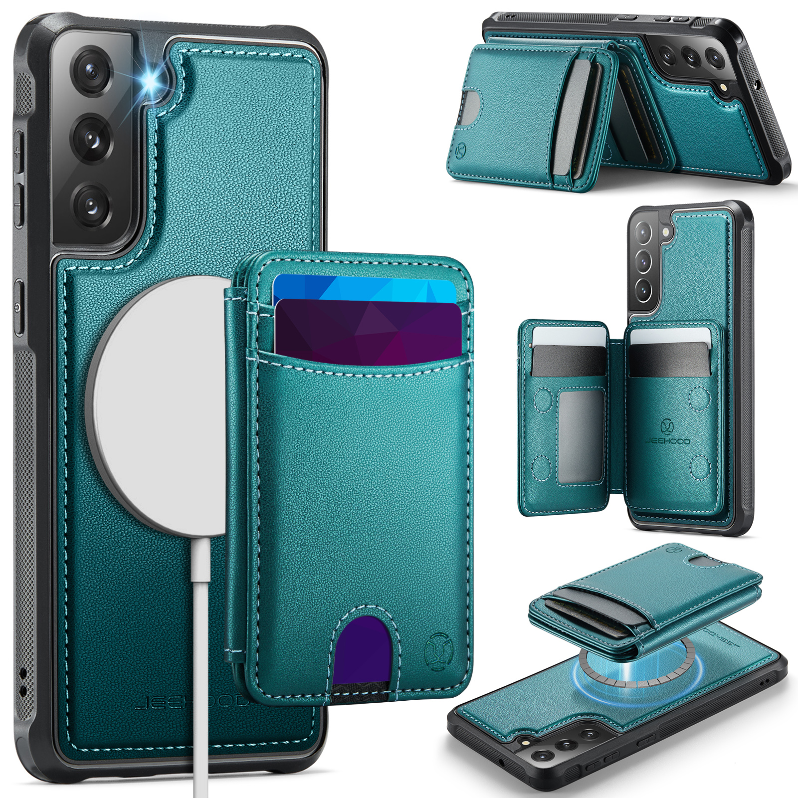 JEEHOOD For Samsung Galaxy S21 FE 5G Case J10 Magnetic Case Leather Back Phone Cover with Detachable Card Holder Kickstand - Blue