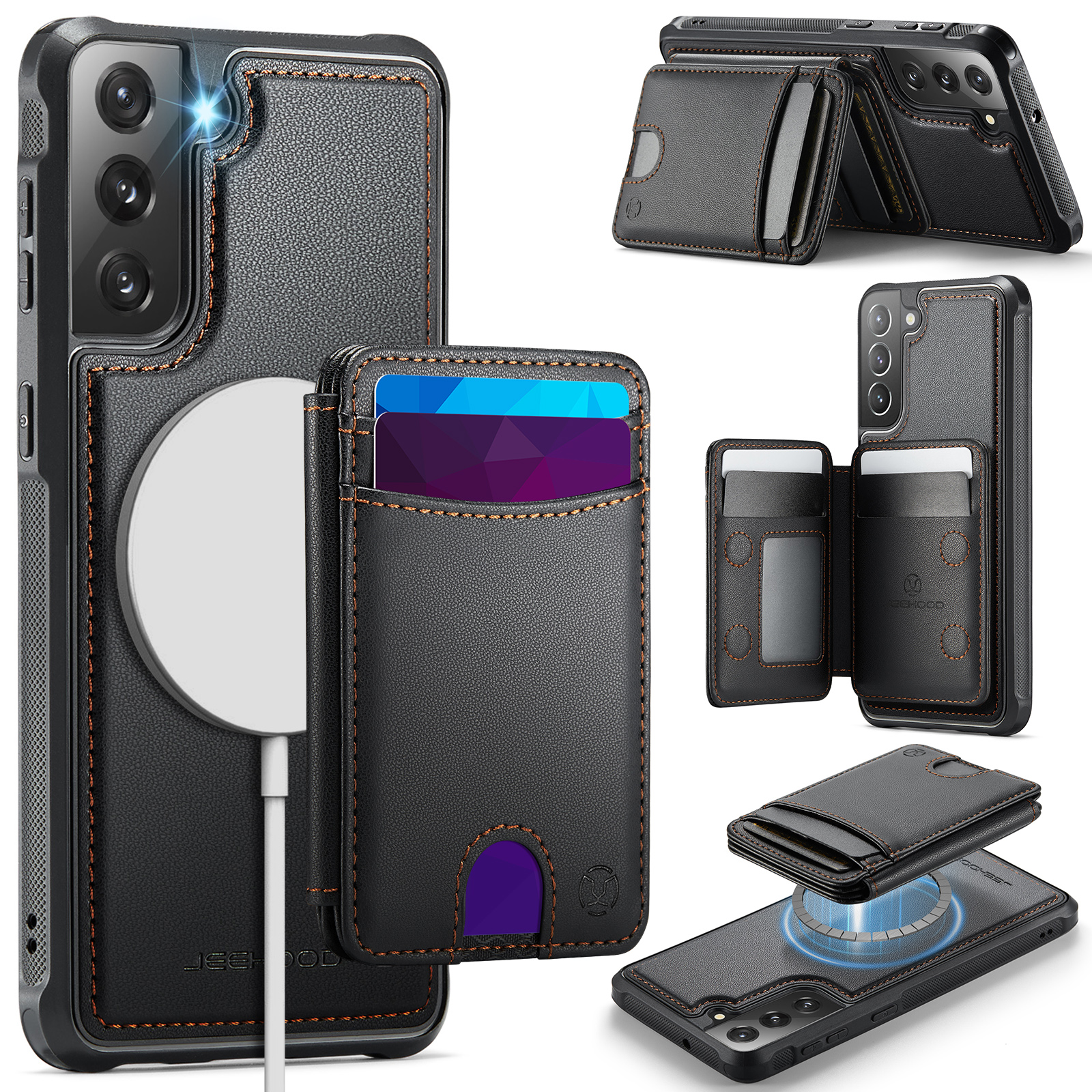 JEEHOOD For Samsung Galaxy S21 FE 5G Case  J10  Magnetic Case Leather Back Phone Cover with Detachable Card Holder Kickstand - Black