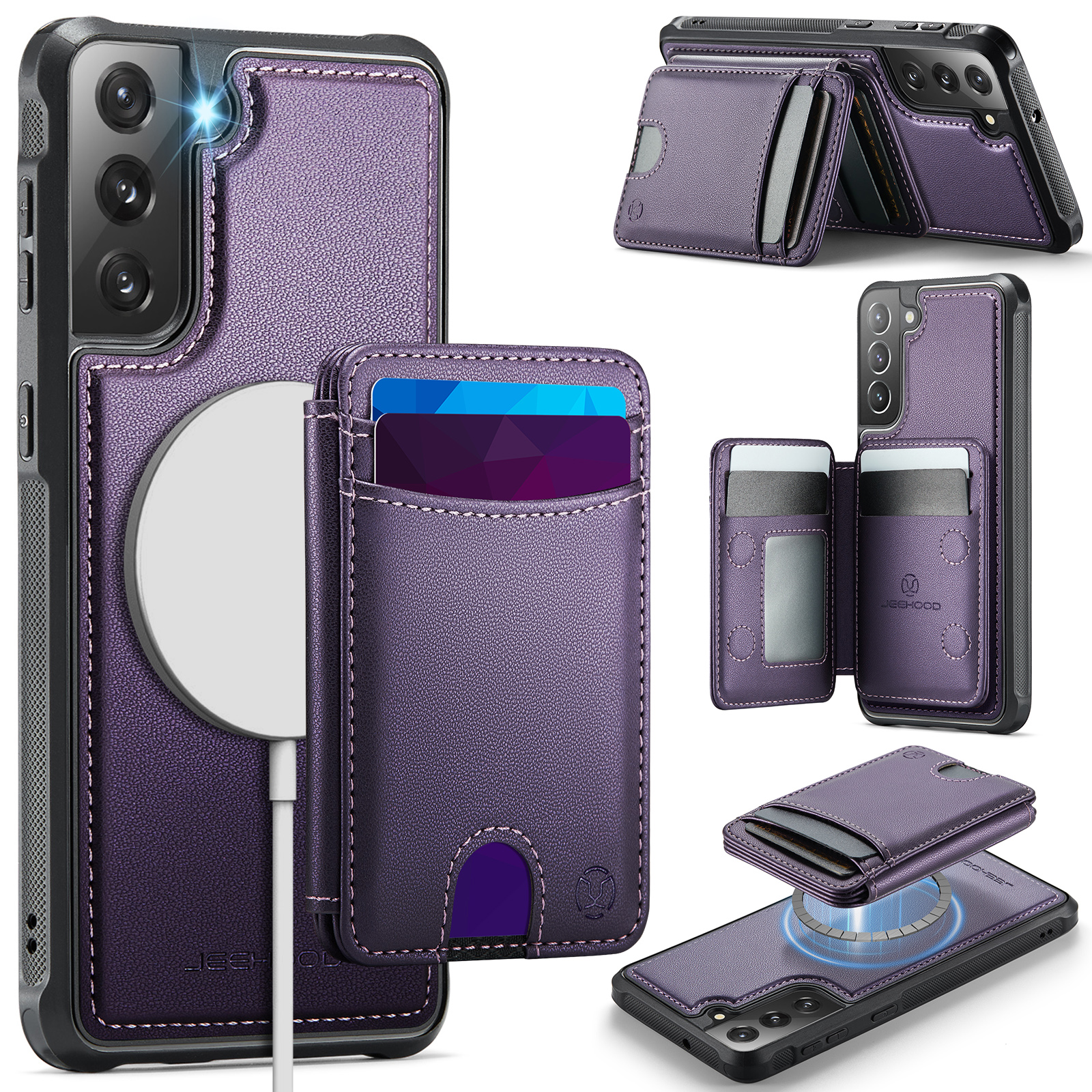 JEEHOOD For Samsung Galaxy S21 FE 5G Case  J10  Magnetic Case Leather Back Phone Cover with Detachable Card Holder Kickstand - Purple