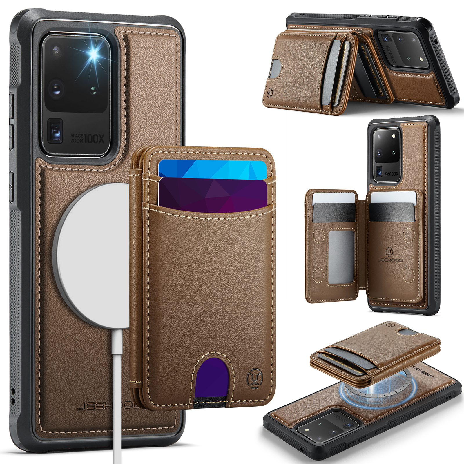 JEEHOOD For Samsung Galaxy S20 Ultra Case  J10  Magnetic Case Leather Back Phone Cover with Detachable Card Holder Kickstand - Brown