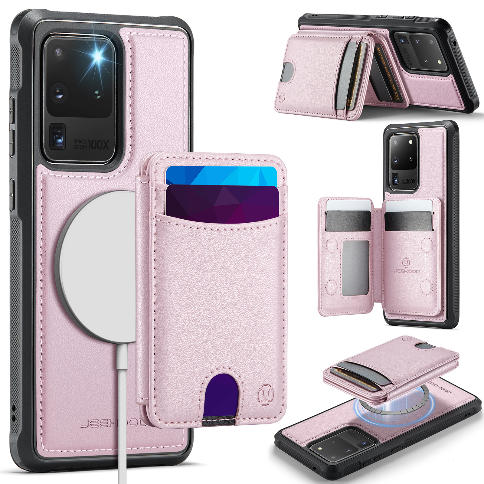 JEEHOOD For Samsung Galaxy S20 Ultra Case  J10  Magnetic Case Leather Back Phone Cover with Detachable Card Holder Kickstand - Pink