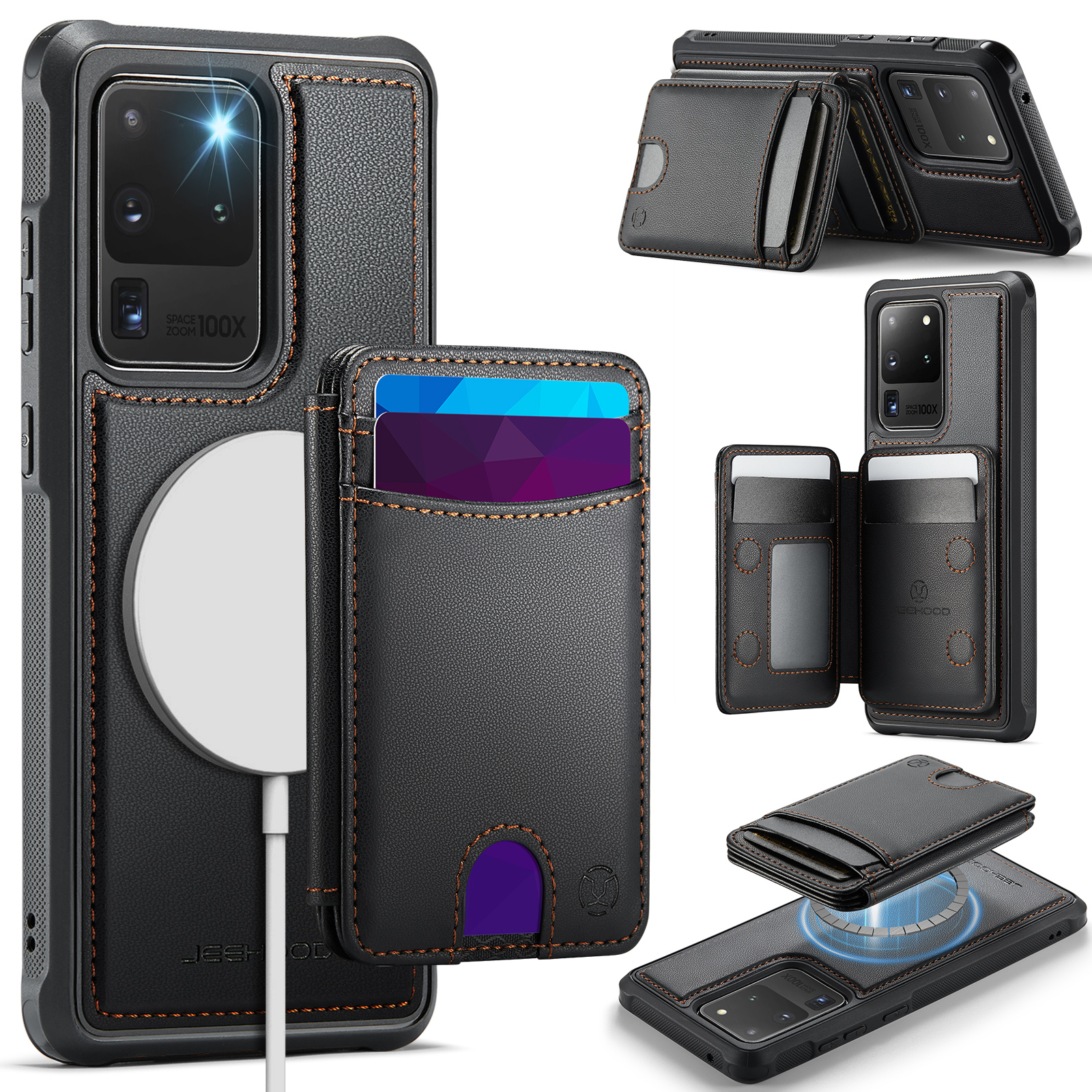 JEEHOOD For Samsung Galaxy S20 Ultra Case J10 Magnetic Case Leather Back Phone Cover with Detachable Card Holder Kickstand - Black