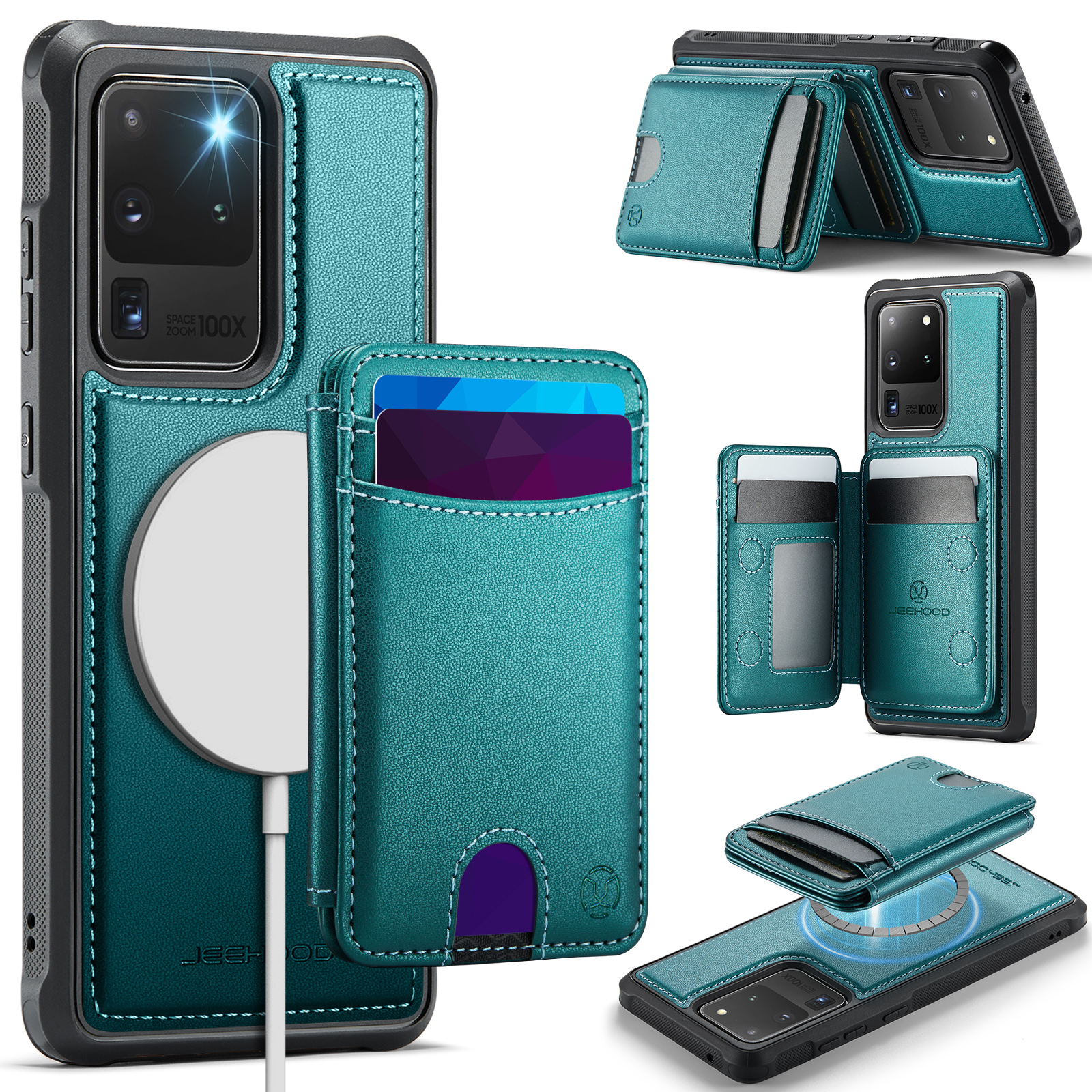 JEEHOOD For Samsung Galaxy S20 Ultra Case J10 Magnetic Case Leather Back Phone Cover with Detachable Card Holder Kickstand - Blue
