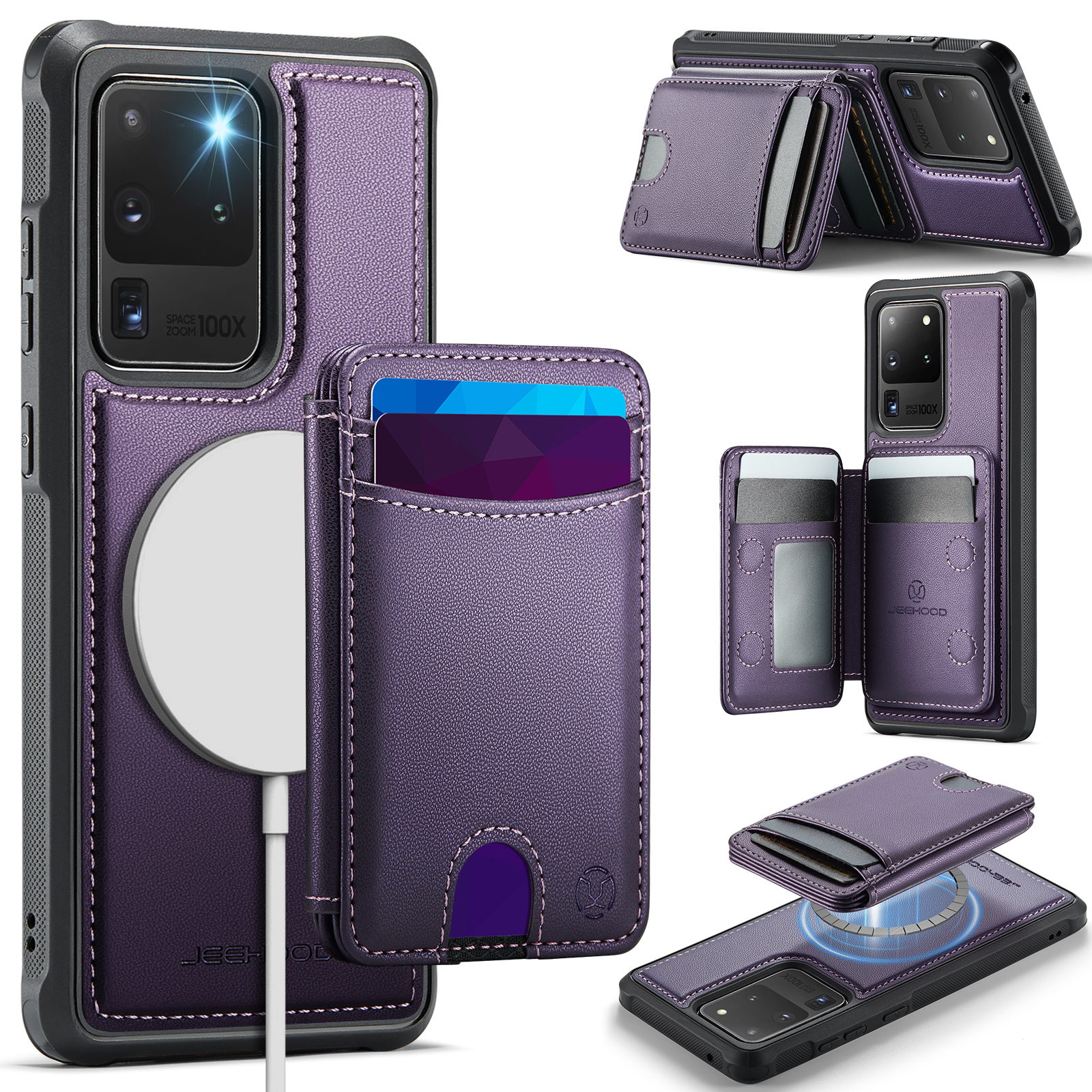 JEEHOOD For Samsung Galaxy S20 Ultra Case  J10  Magnetic Case Leather Back Phone Cover with Detachable Card Holder Kickstand - Purple