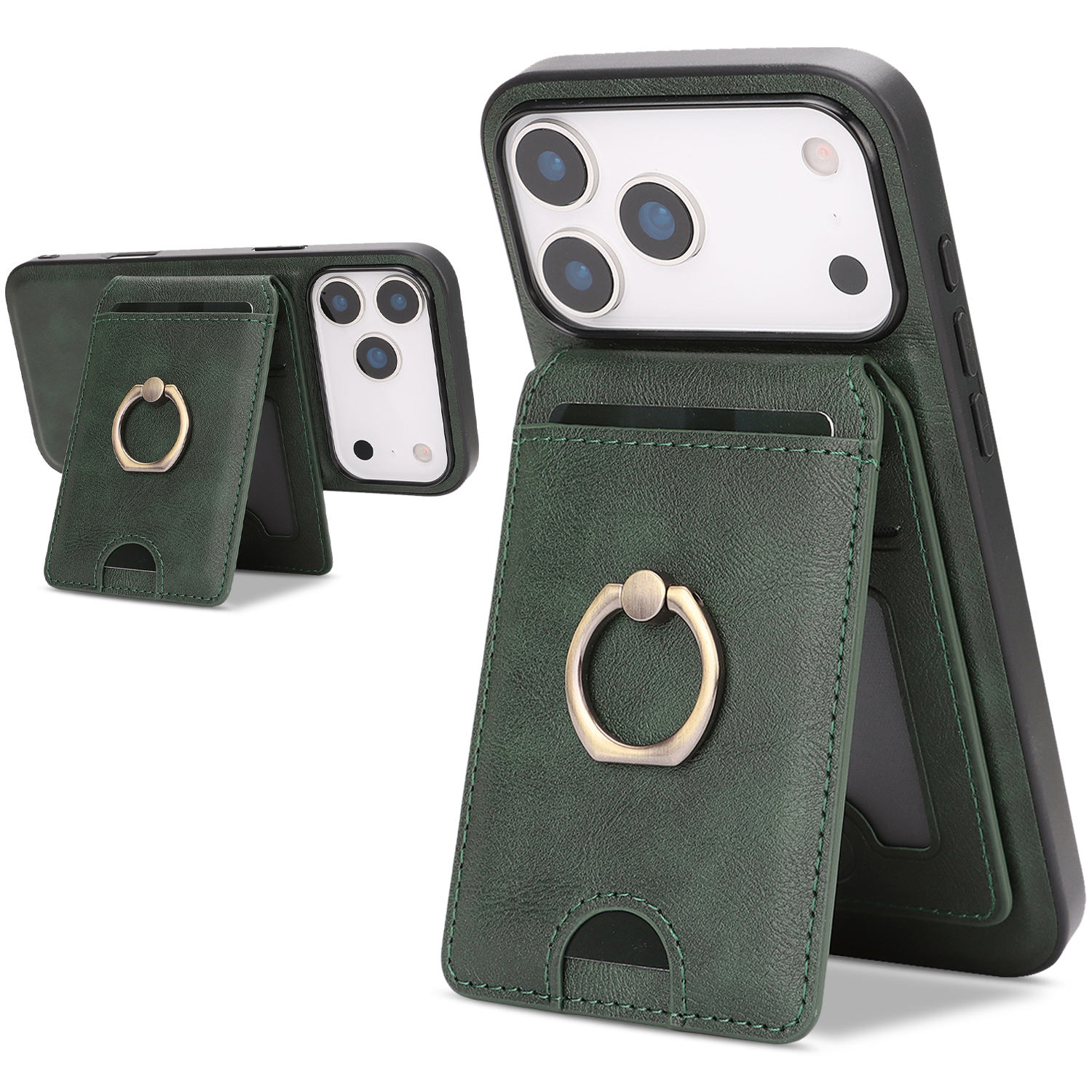 For iPhone 17 Pro Max Case Detachable Card Bag Compatible with MagSafe PU Leather Coated TPU Cover with Ring Kickstand - Green