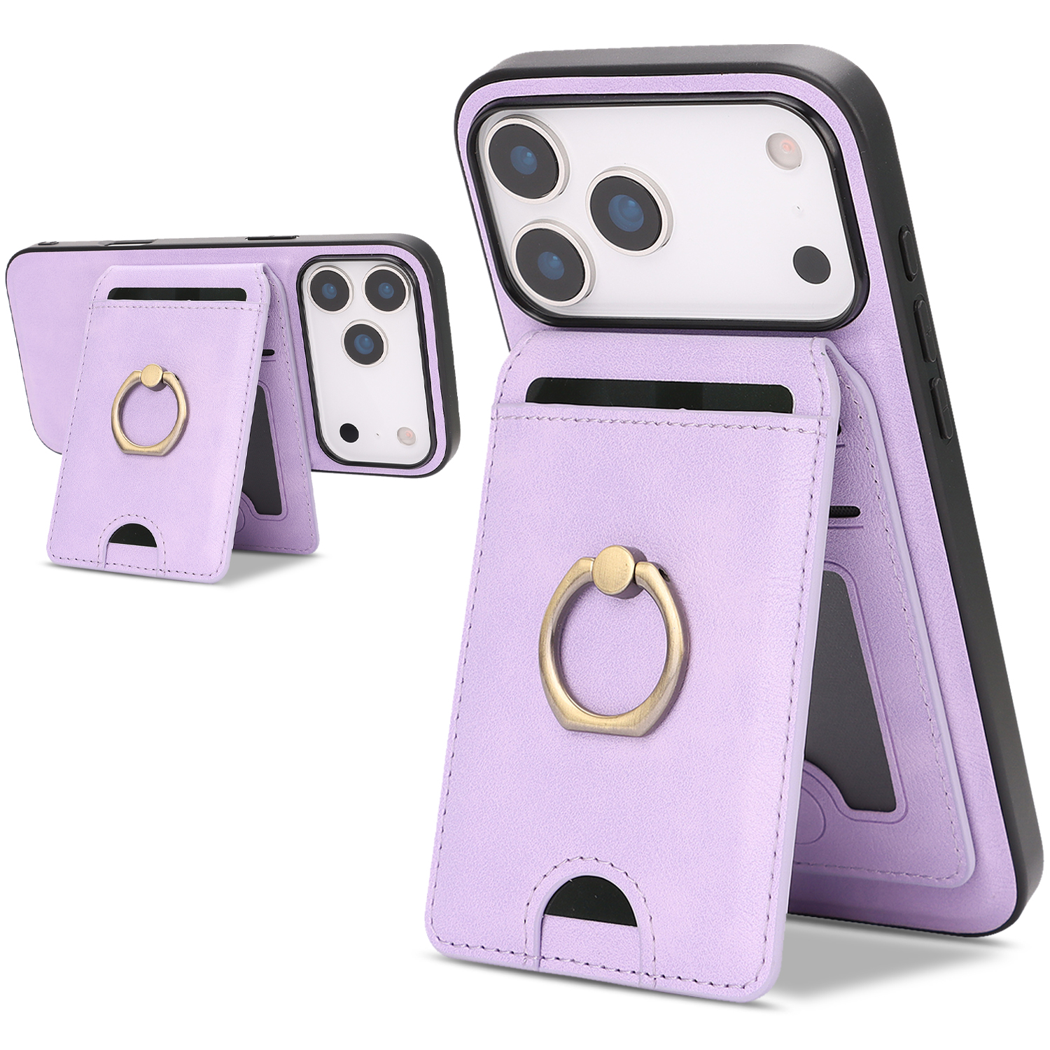 For iPhone 17 Pro Max Case Detachable Card Bag Compatible with MagSafe PU Leather Coated TPU Cover with Ring Kickstand - Purple
