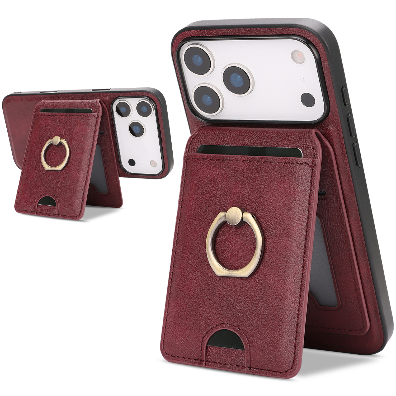 For iPhone 17 Pro Case Detachable Card Bag Compatible with MagSafe PU Leather Coated TPU Cover with Ring Kickstand - Red