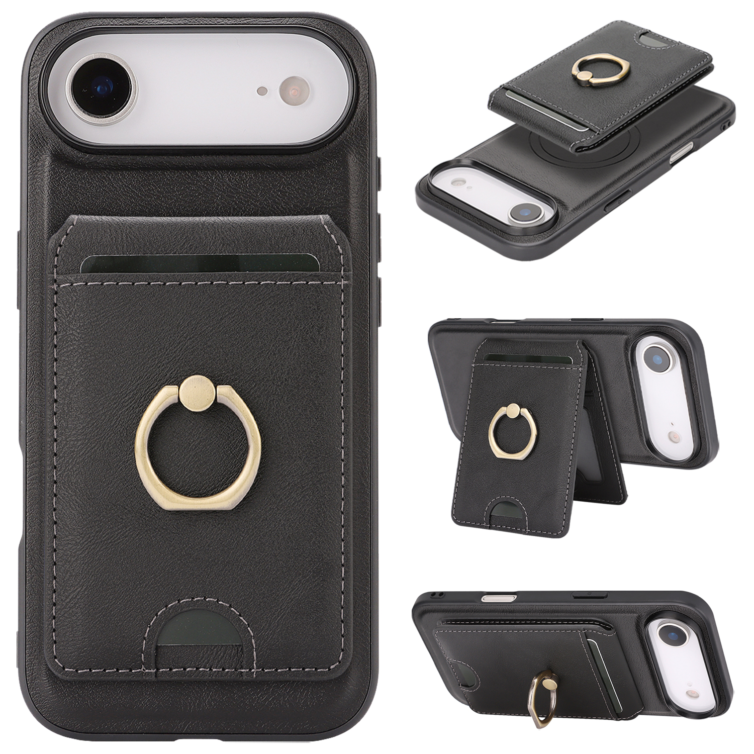 For iPhone Air Case Detachable Card Bag Compatible with MagSafe PU Leather Coated TPU Cover with Ring Kickstand - Black