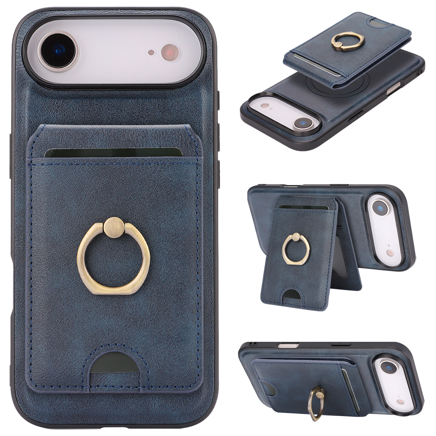 For iPhone Air Case Detachable Card Bag Compatible with MagSafe PU Leather Coated TPU Cover with Ring Kickstand - Blue